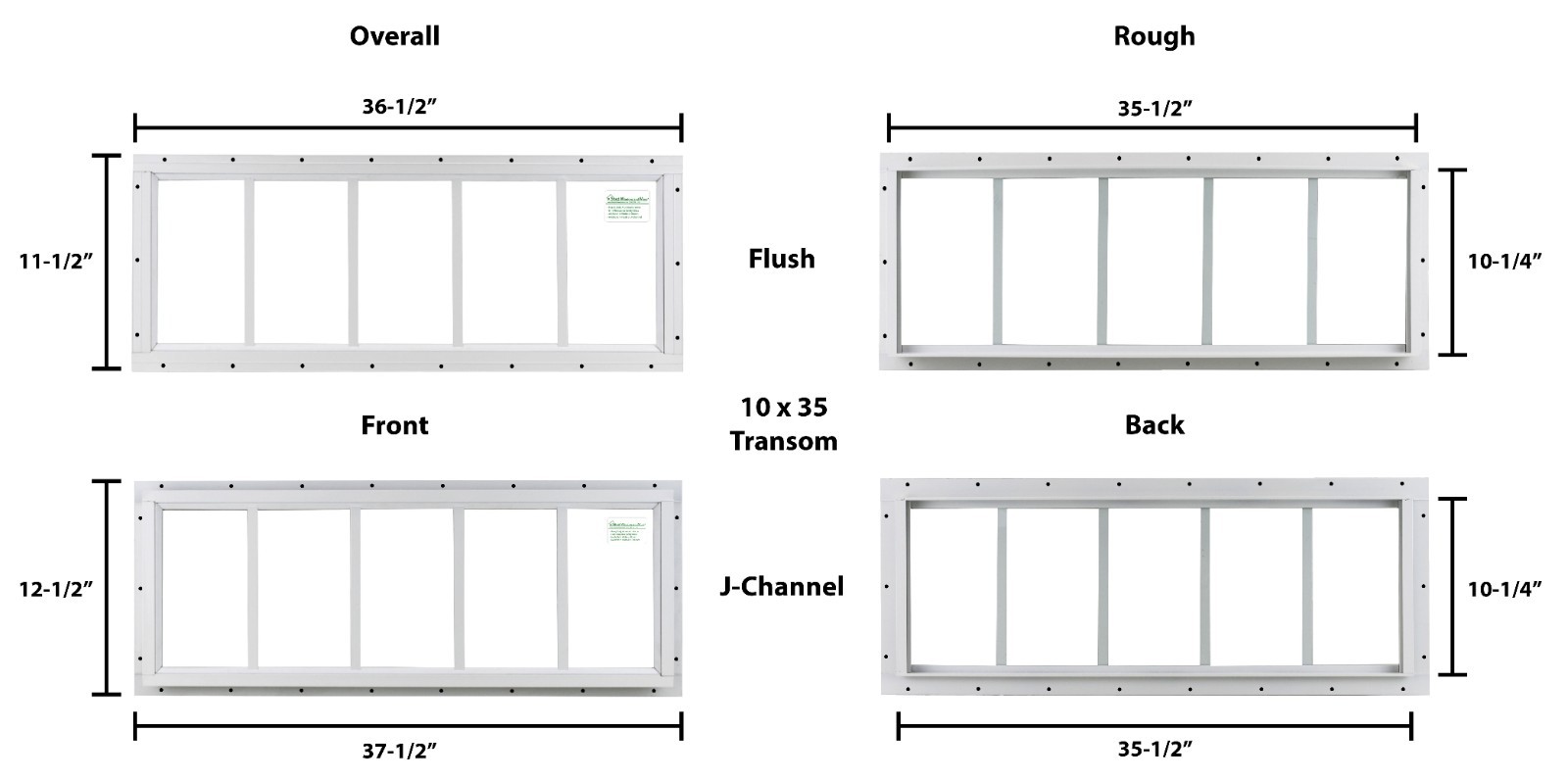 Shed Transom Window 10 x 35 White Flush Mount Tempered Glass, Singel Pane