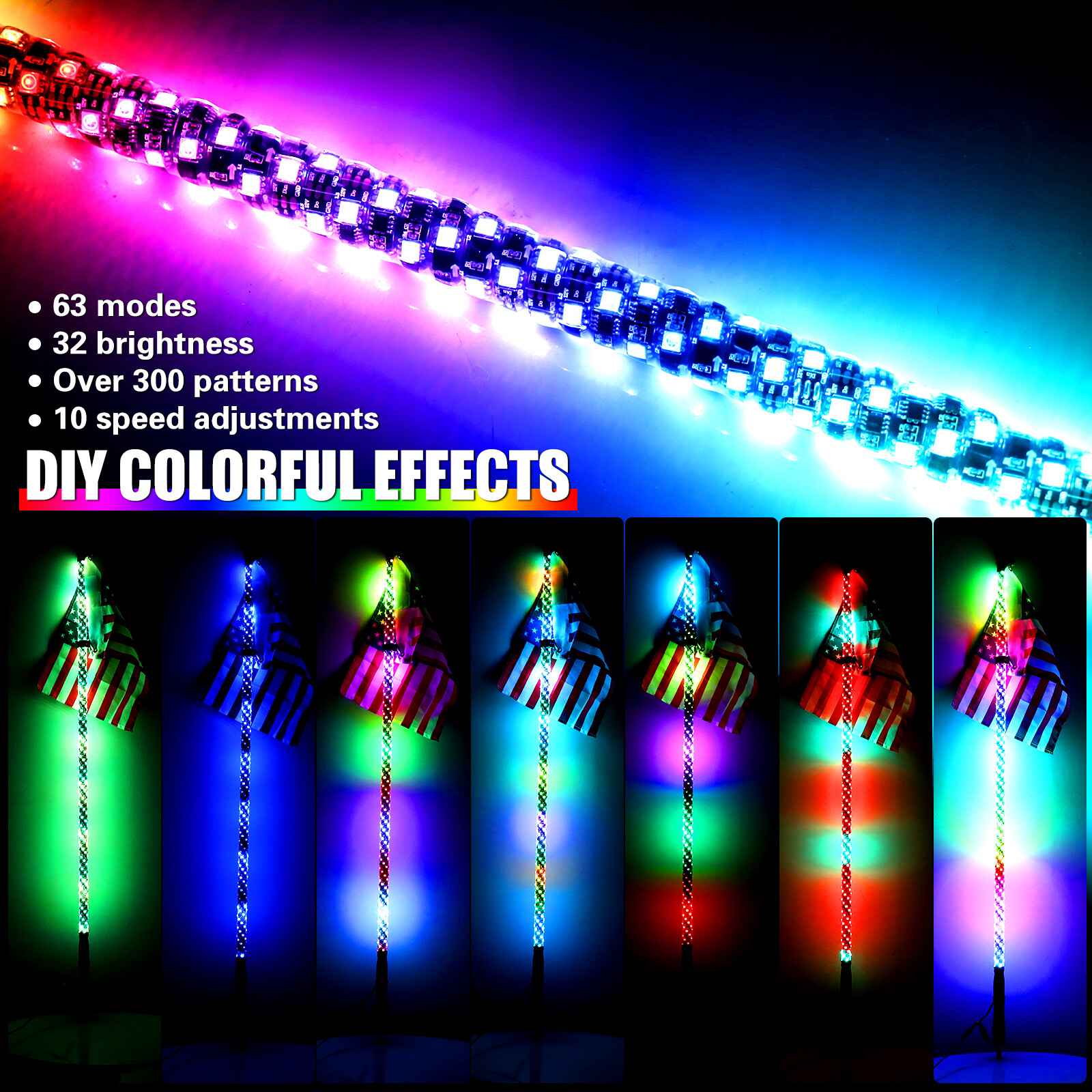 Pair 4ft RGB Spiral LED Whip Lights Antenna Chase + US Flag & Remote for ATV UTV