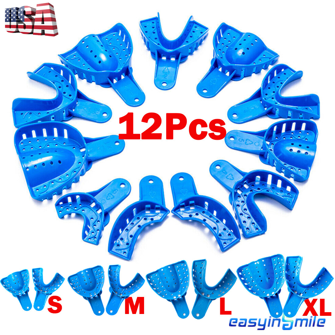 12Pc Dental Impression Trays Plastic Perforated Denture Upper/Lower EASYINSMILE
