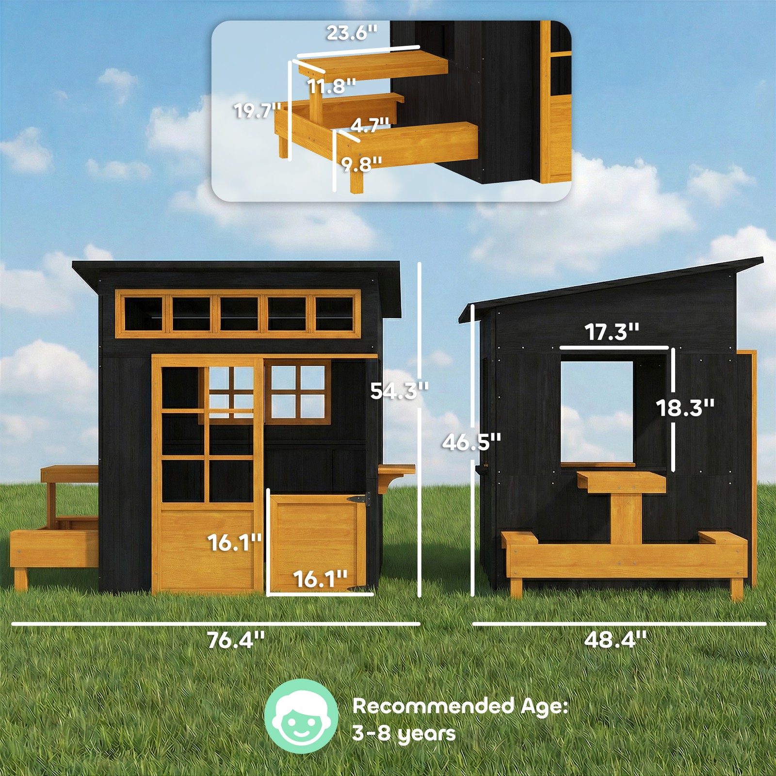 Qaba Kids Outdoor Playhouse, Wooden Kids Playhouse w/ Picnic Table