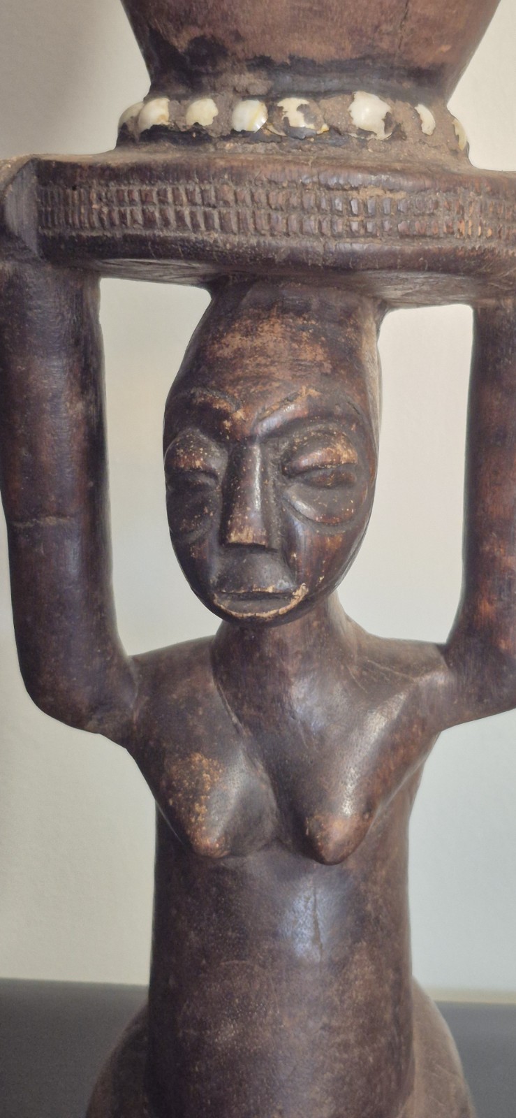 African Luba Female Wood Statue With Drum 21"H 7.5"W