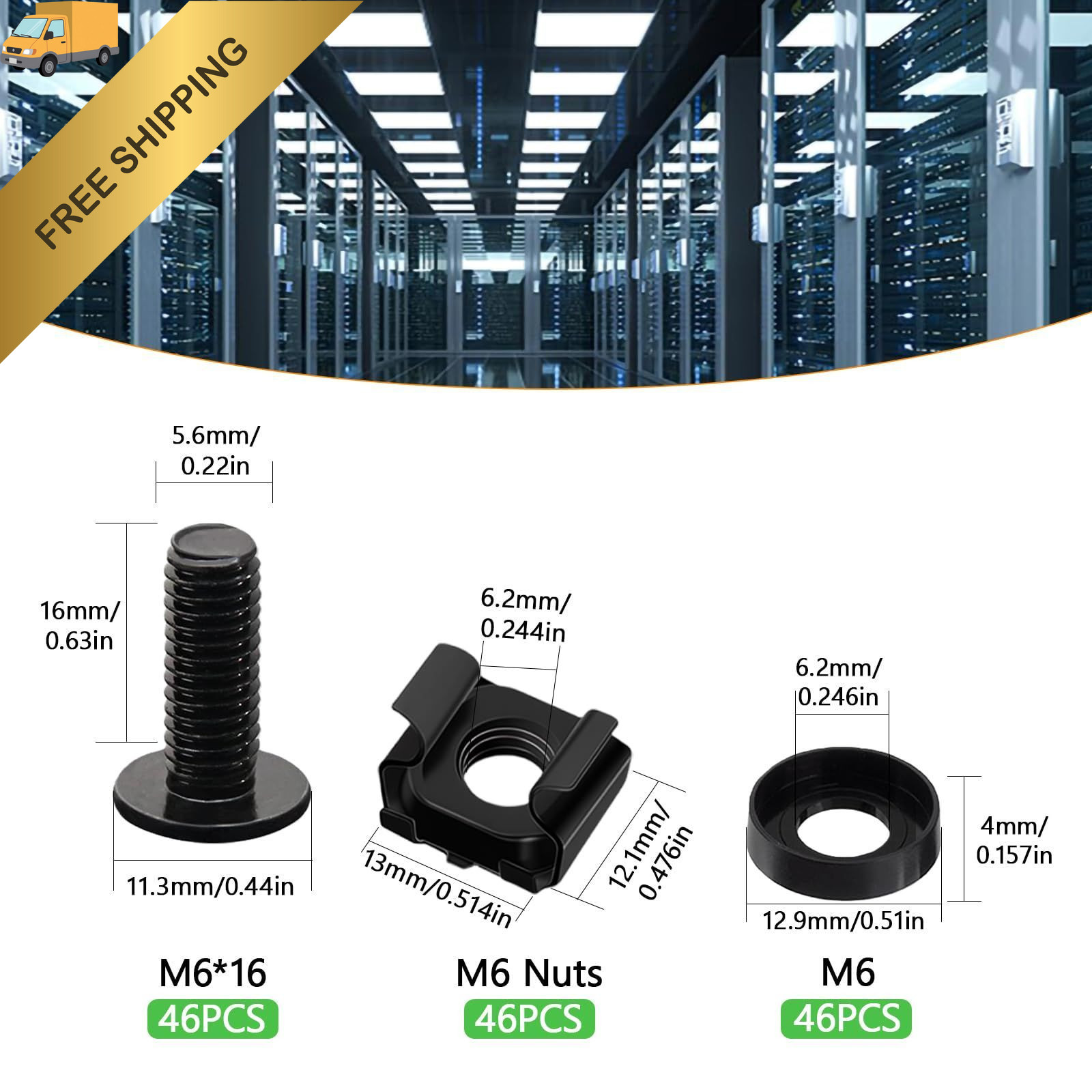 46 Sets M6 x 16mm Rack Mount Cage Nuts and Screws with Washers for Server Rack