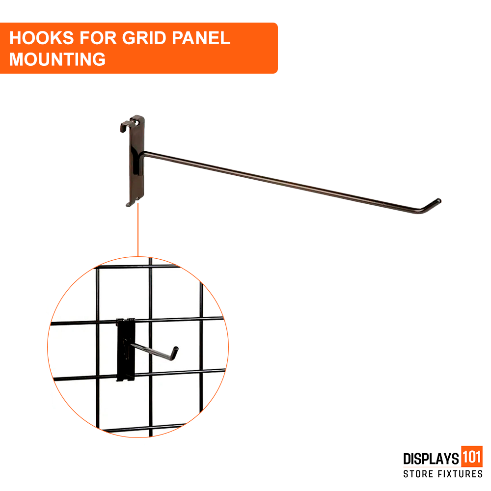 12" Gridwall Hooks - Black Hooks For Grid Panel Displays - NEW