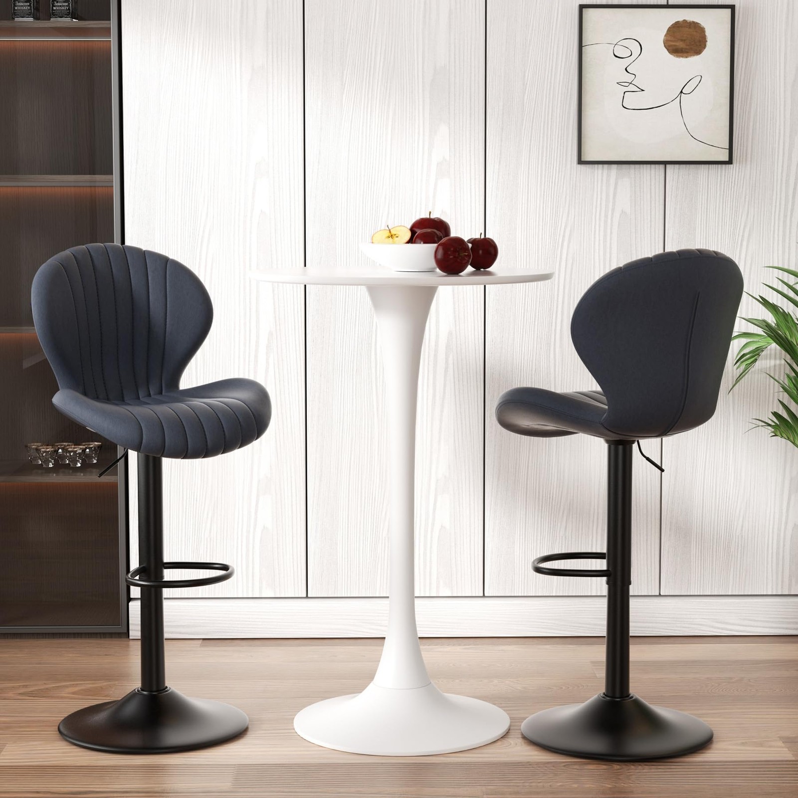 Modern Fabric Upholstered Bar Chairs Set of 2 Adjustable Swivel Dark Grey