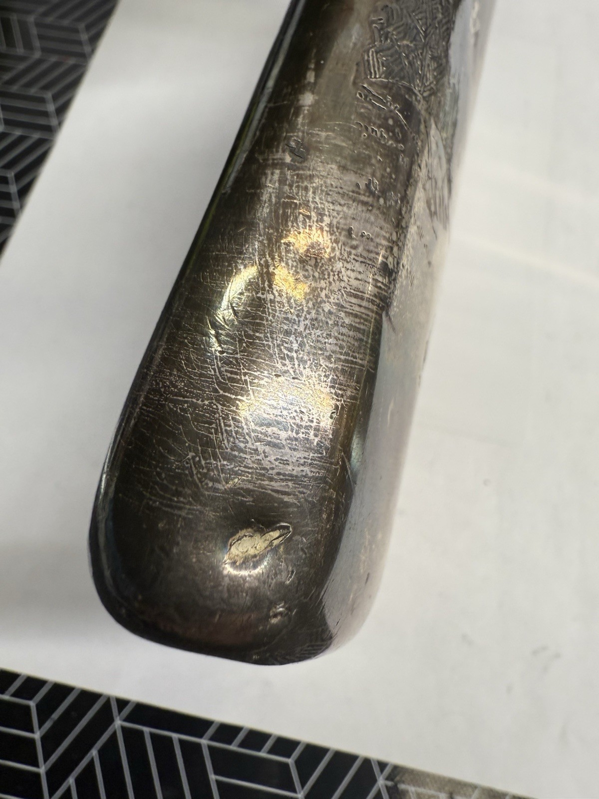 Dented / Damaged MERIDEN B SILVER PLATE Whiskey Flask - Golf Monogram