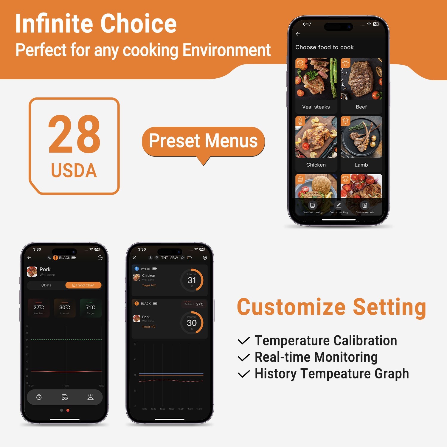 Wiresless BBQ Thermometer Meat Cooking Outdoor Dual Probes Bluetooth WiFi Combo