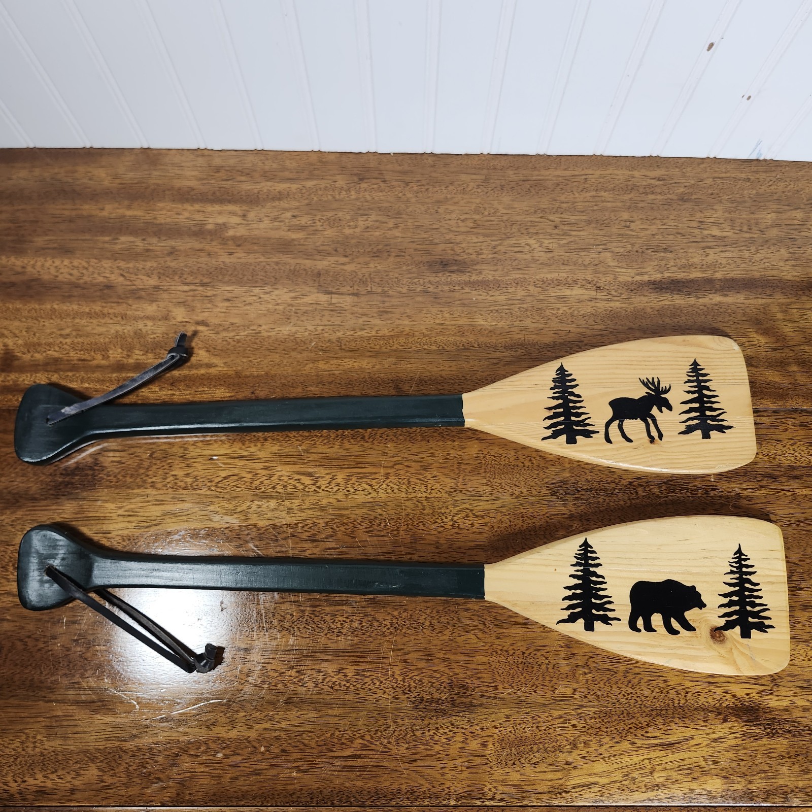 Pair of Canoe Paddles with Moose and Tree Design, Decorative Wooden Outdoor Gear