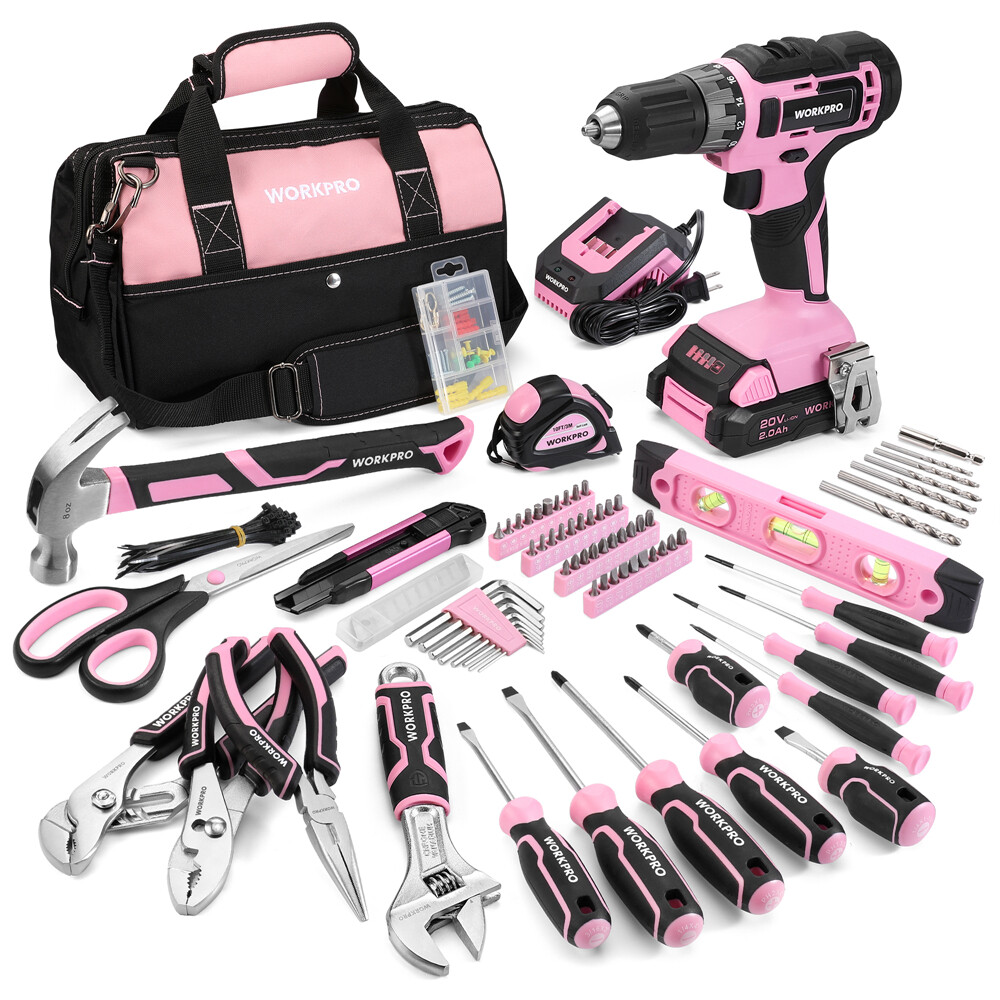 WORKPRO 157PC Home Tool Kit Drill Tool Set 20V Cordless Drill Gun Kit w/Tool Bag