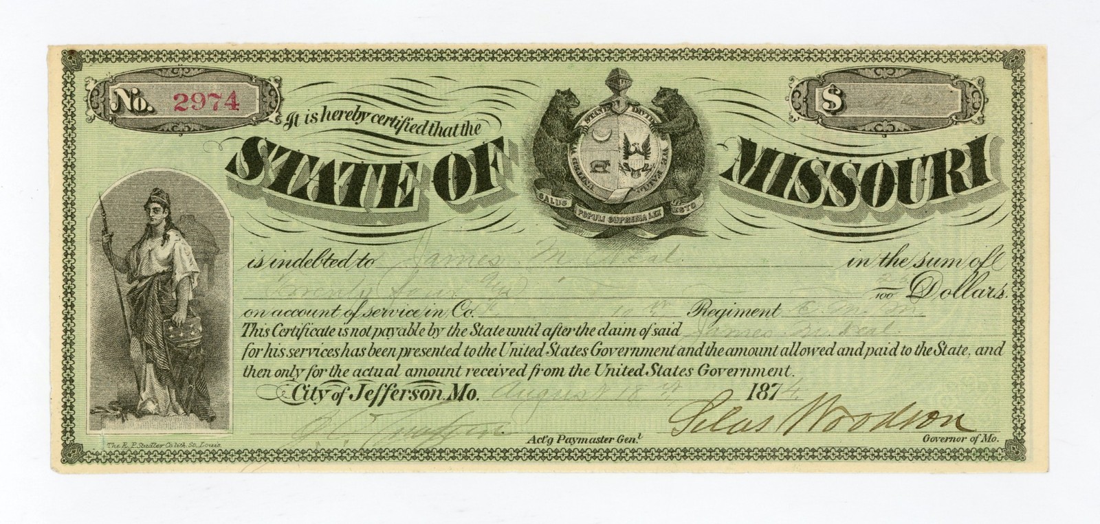 1874 Cr.UG51 $24.25 The State of MISSOURI War Claim Certificate Ch.AU