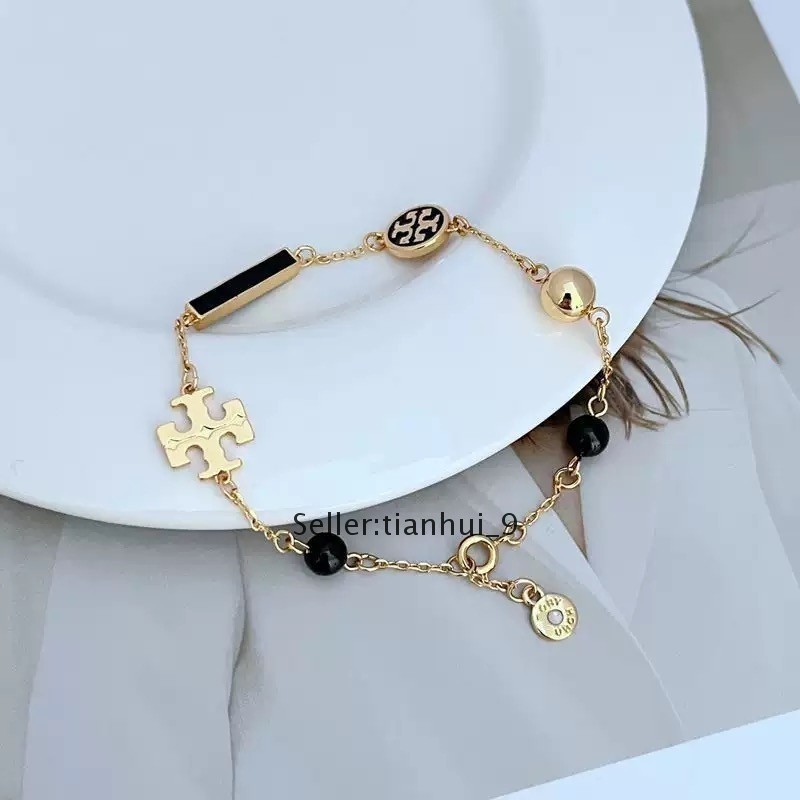 New! Tory Gold Plated Black TB Logo Bracelet with Jewelry Pouch Size:22cm