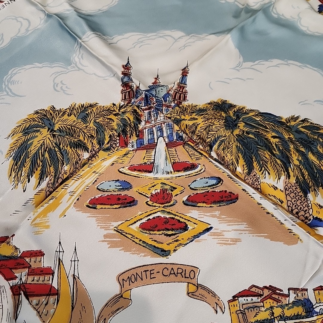 Vtg 50s/60s Côte d'Azur Silk Souvenir Scarf - French Riviera Map Mermaid 30"