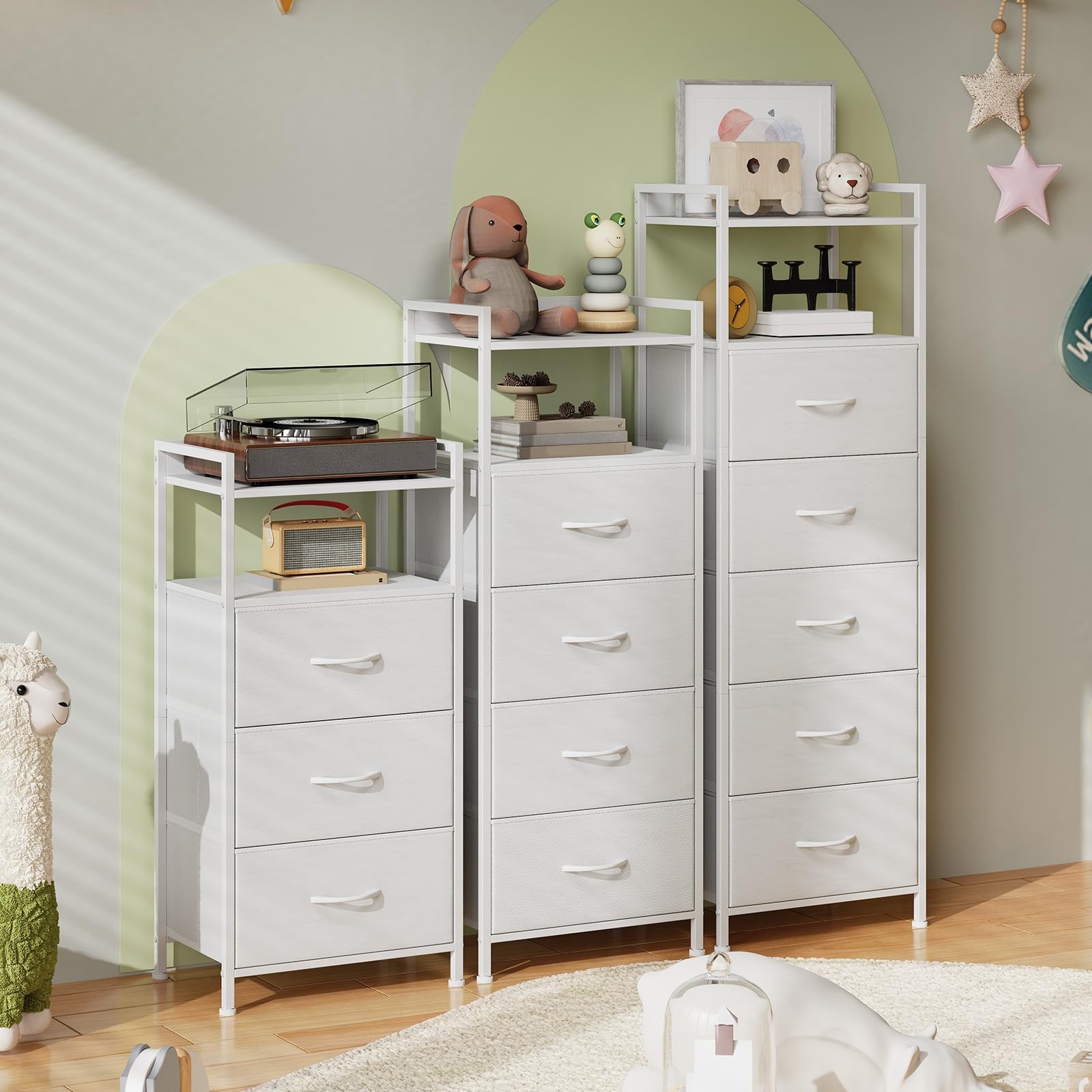 3-Drawer Nightstand with Fabric Bins, Wood Top Steel Frame, White