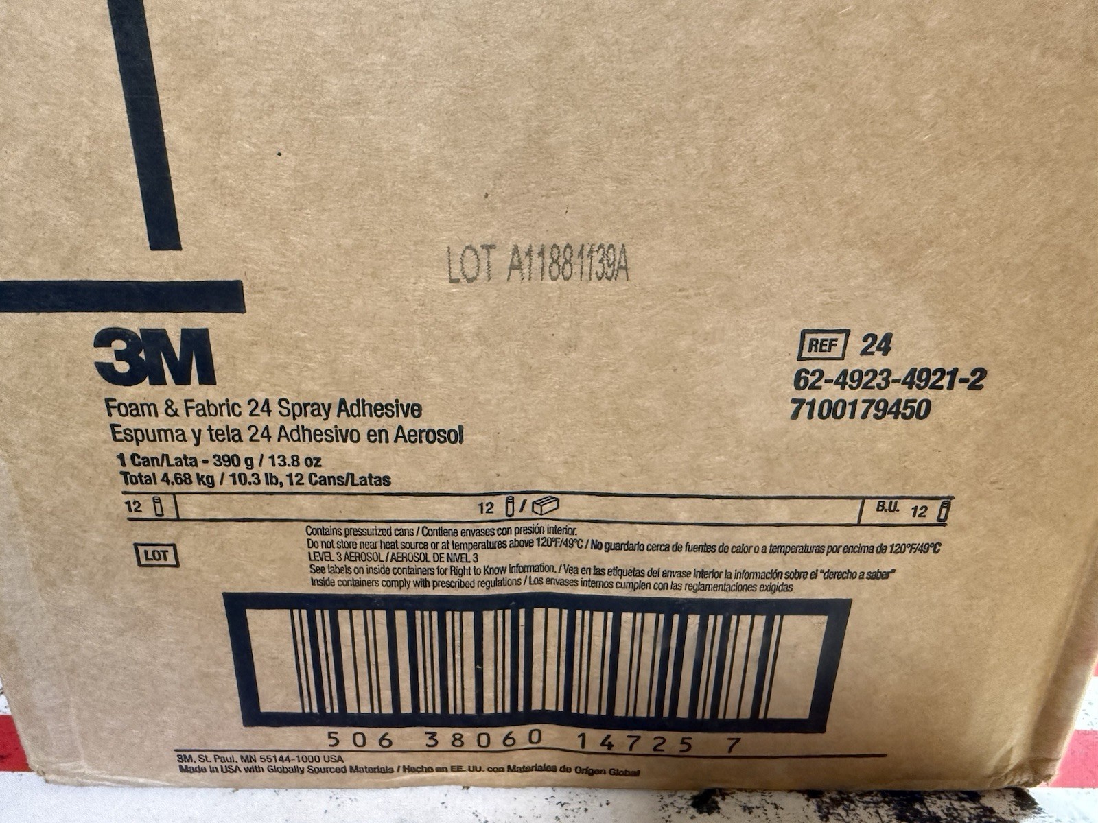 3M Foam & Fabric 24 Spray Adhesive, Full Case of 12 Cans, 7100179450, 13.8oz ea.