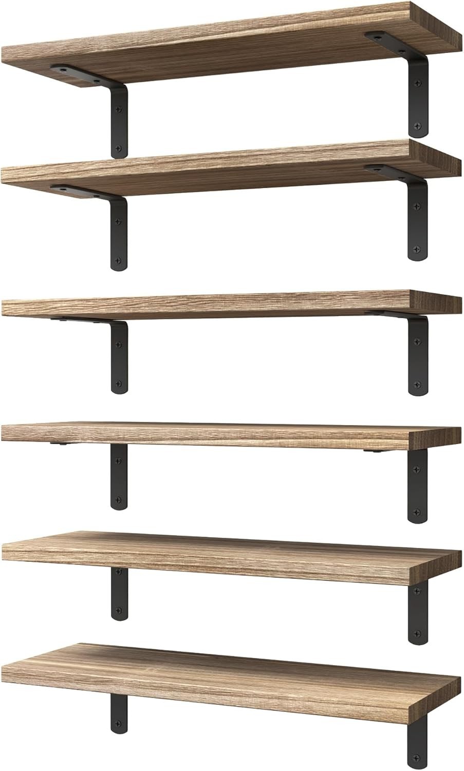 Wood Floating Shelves Set of 6 Shelves for Wall Decor - Rustic Brown