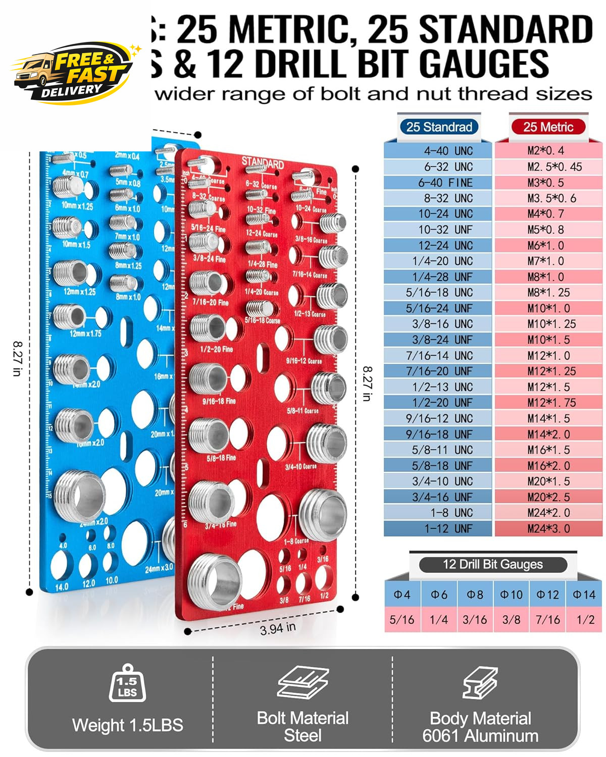 62 Pcs Nut and Bolt Thread Checker - 25 Standard + 25 Metric Thread Gauges |