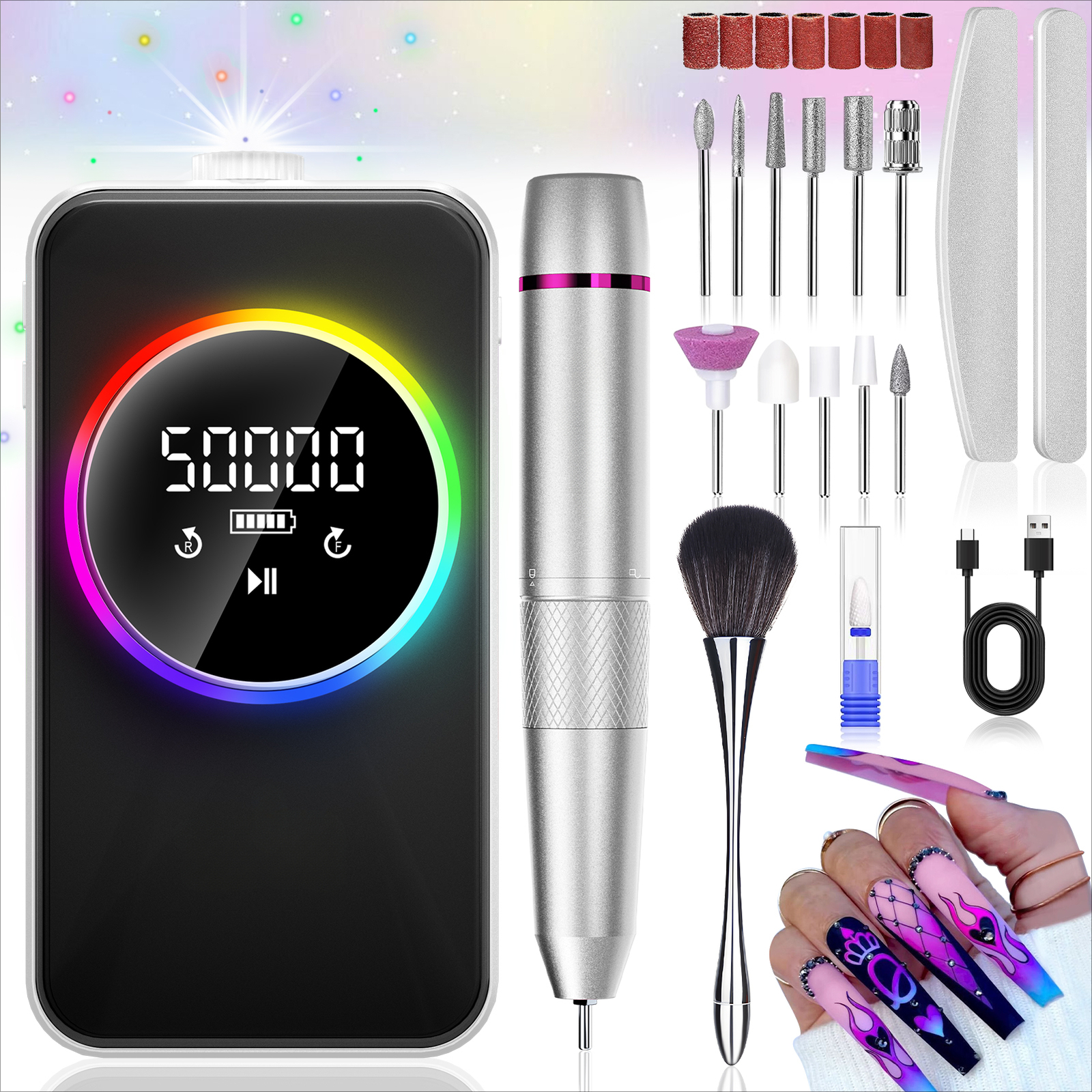 50000RPM Electric Nail Drill Machine Low Noise Sander File Portable Rechargeable