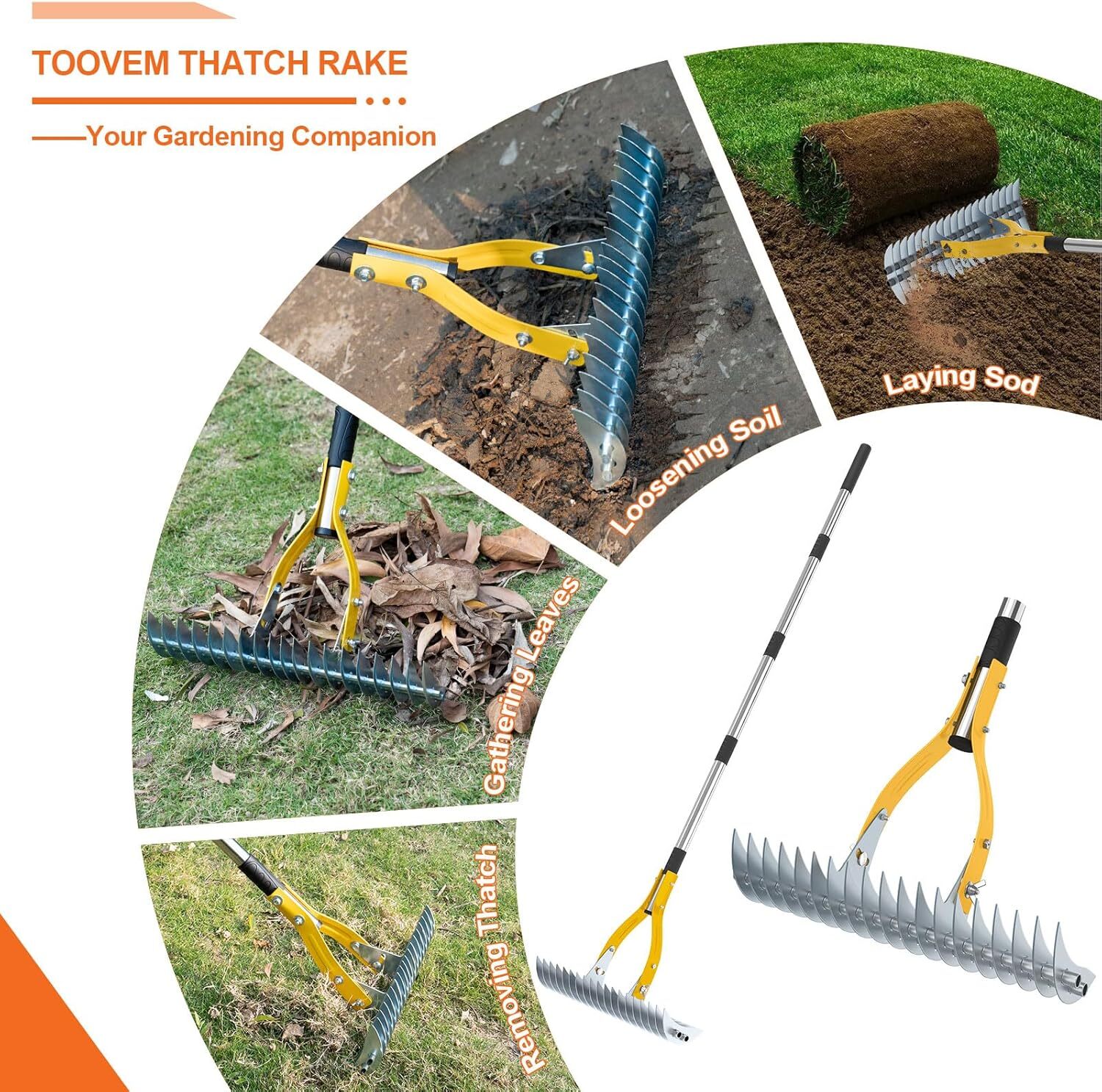 TOOVEM Thatch Rake Lawn Dethatcher Rake for Lawn Double-Sided Thatching Rake