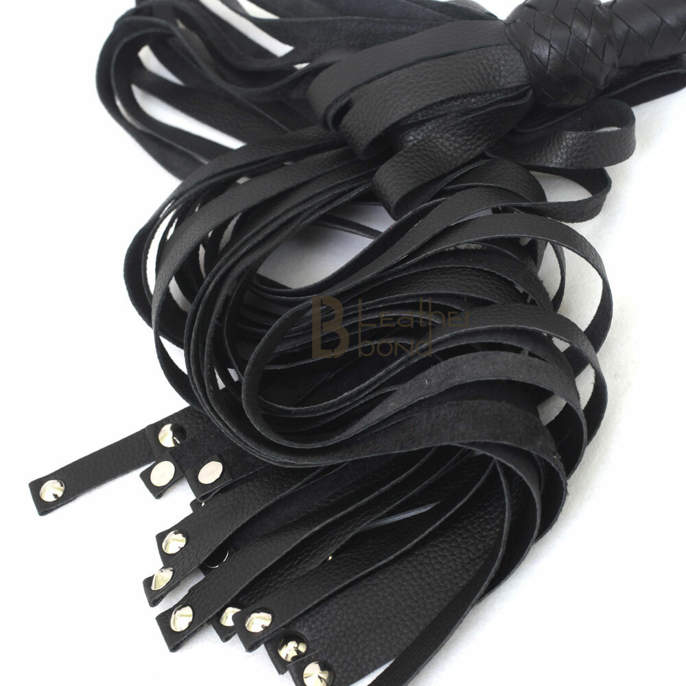Real Genuine Cow Hide Leather Flogger 25 Falls Black Heavy & Steel Studded