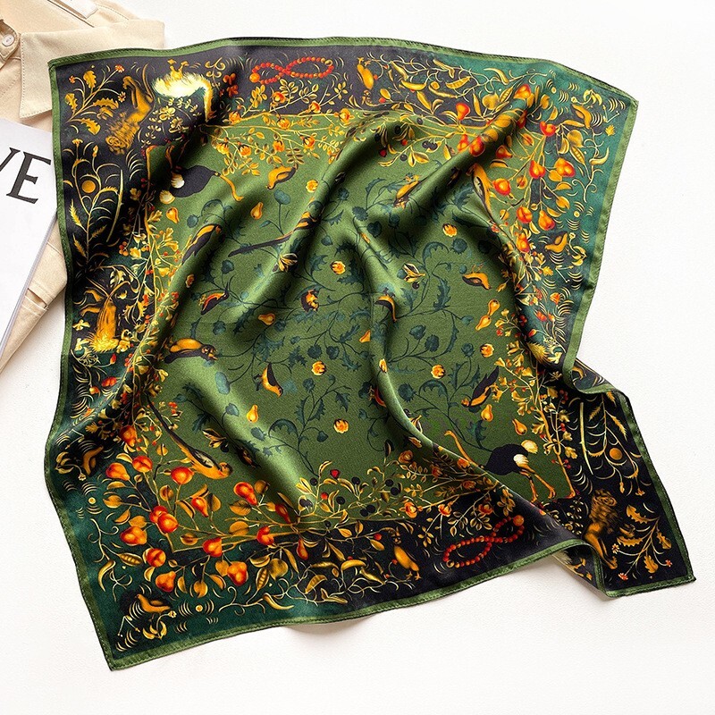 100% Mulberry Silk 20" Square Scarf Women neckerchief Wrap Birds Print Green