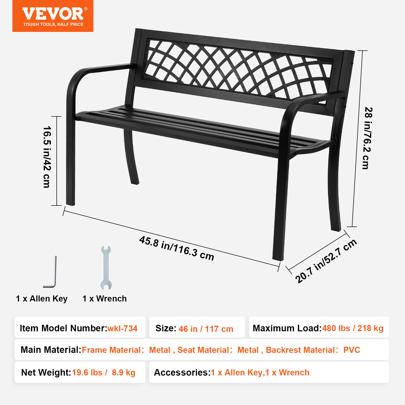 VEVOR Outdoor Bench 46 in Metal Garden Bench 480 lbs Park Patio Yard Porch Bench
