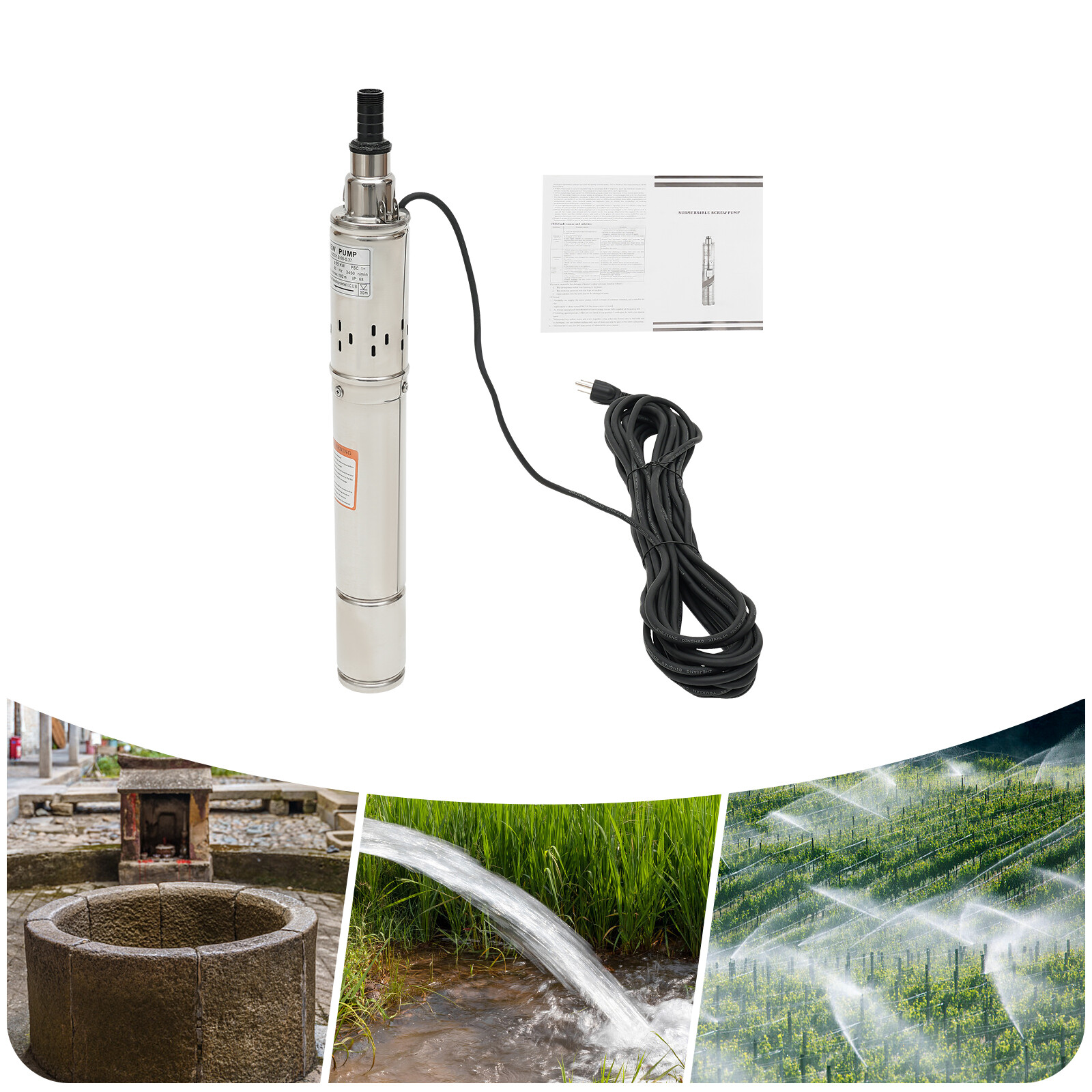 3" Deep Well Submersible Pump Stainless Steel Water Pump 1HP 115V 334ft 2.5m³/h