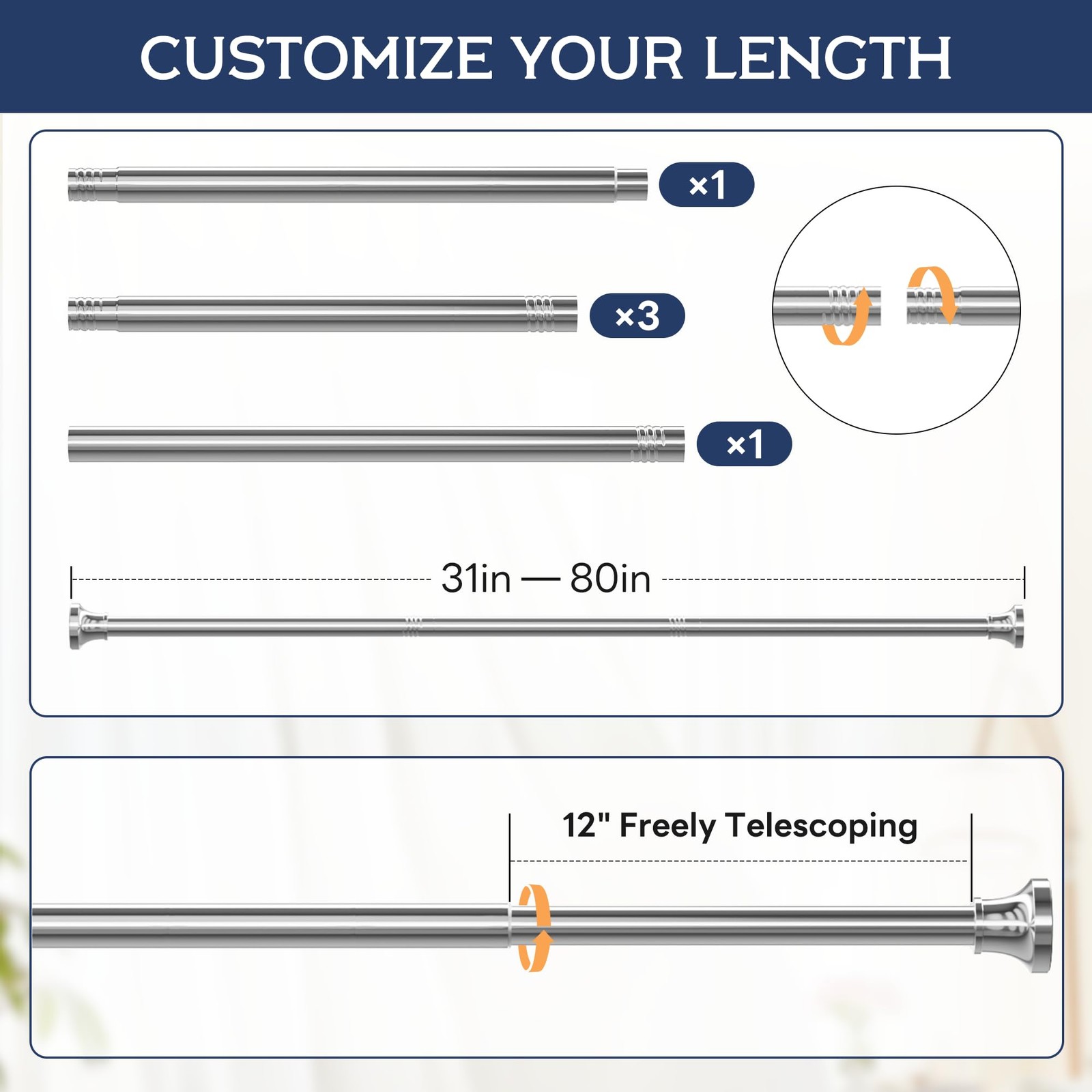 Shower Curtain Rod Spring Tension,Adjustable Stainless Steel 31-80 IN Chrome