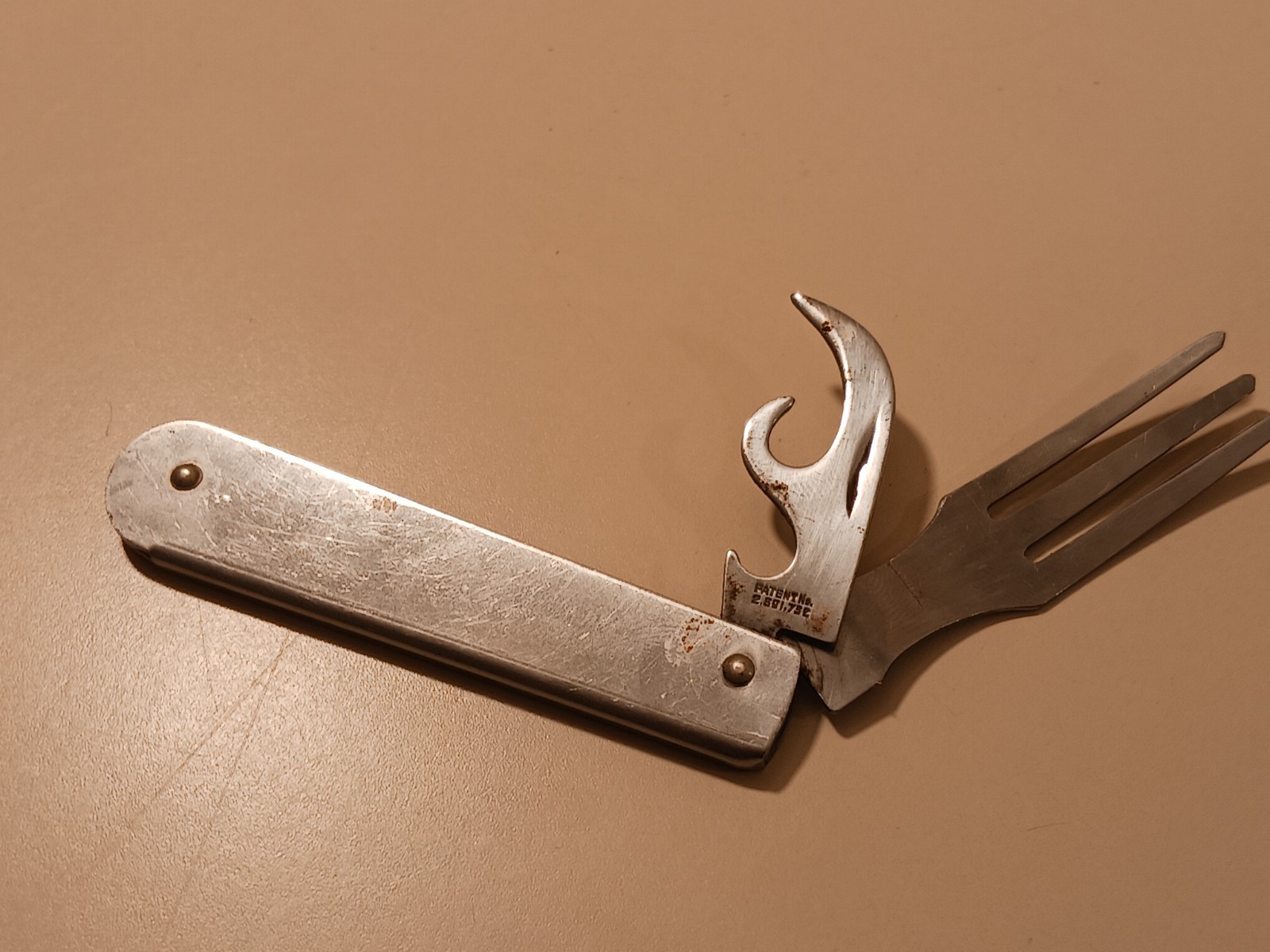 Vintage Imperial USA Folding Fork Can Opener Tool 1945 Patent 2391732 Mess Kit