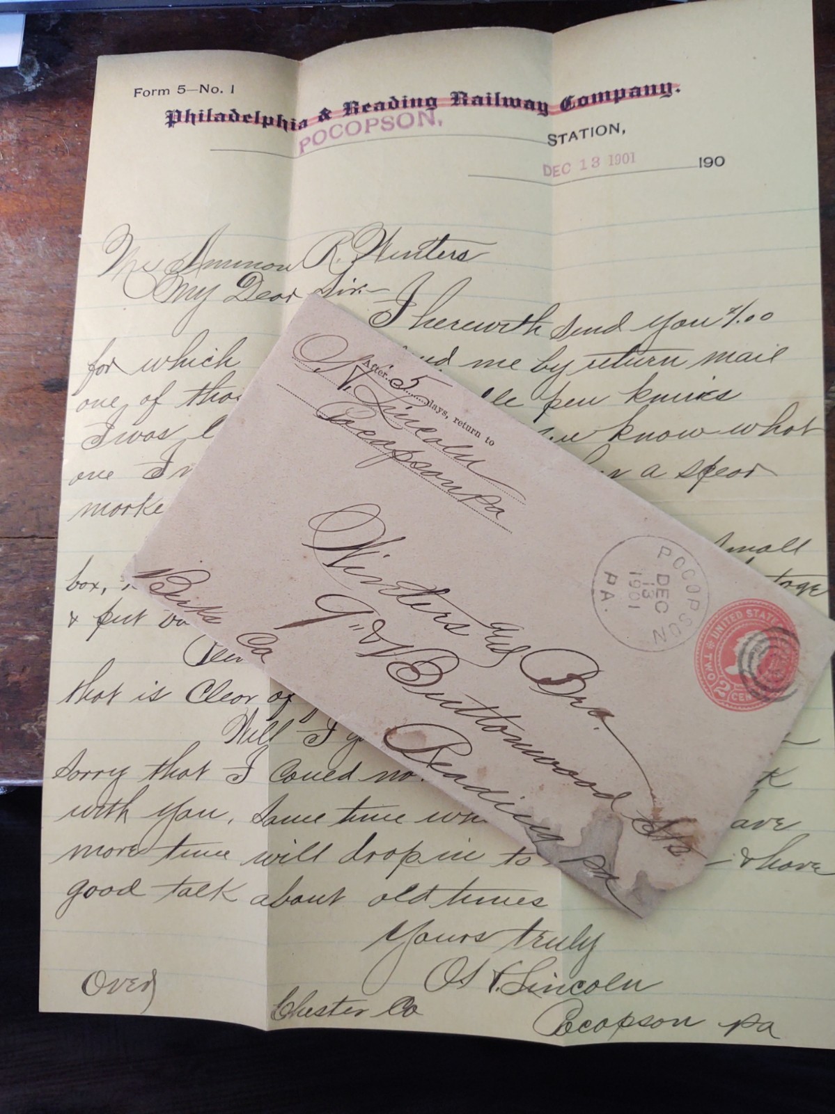 Postal Cover & Letter 1901 O.H. Lincoln ,Pocopson PA Phila. & Reading Railway