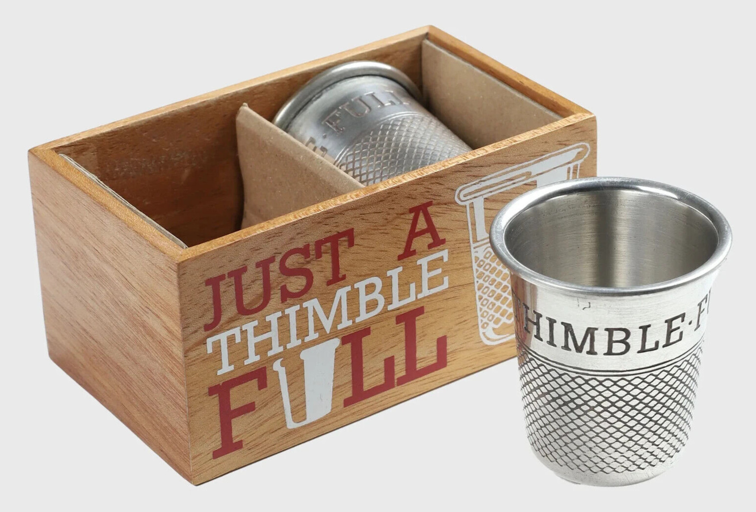 Thimble Shot Glasses Set of 2 w/ Mahogany Gift Box Brass Silverplated Cup New