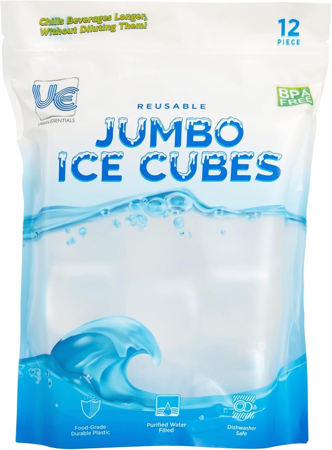 12 Pack JUMBO Reusable Plastic Ice Cubes Quick Freeze Clear 2" Square