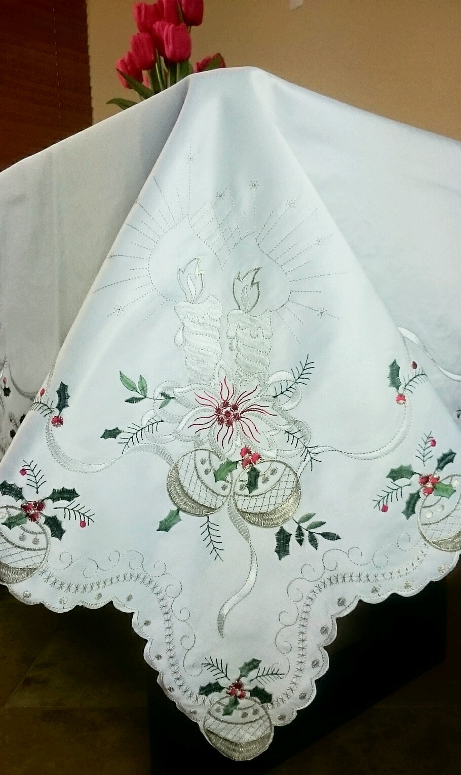 72x144" Embroidery Silver White Candle Ornament Christmas Tablecloth 12 Napkins