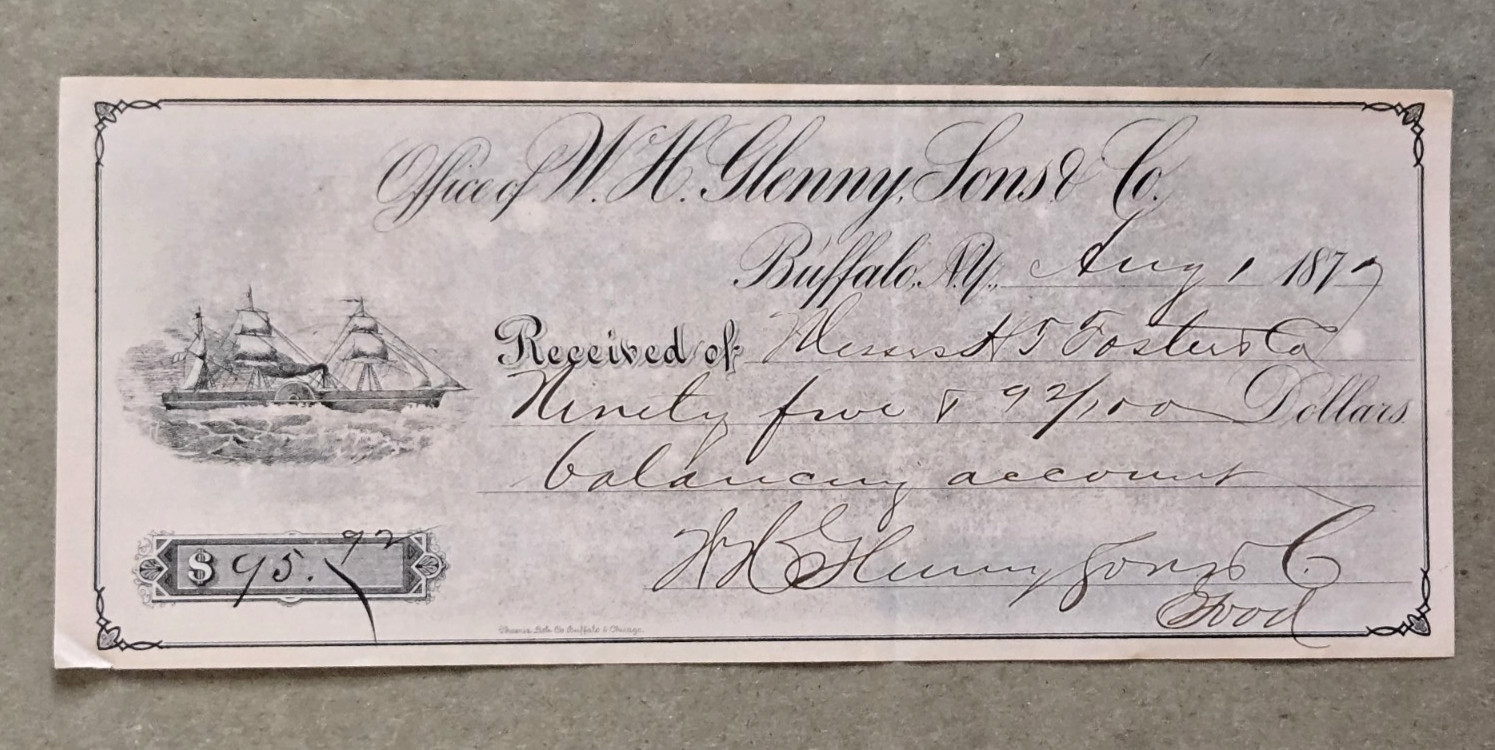 1879 Buffalo Importer Check - W.H. Glenny, Sons & Co. - Clipper Ship Graphic