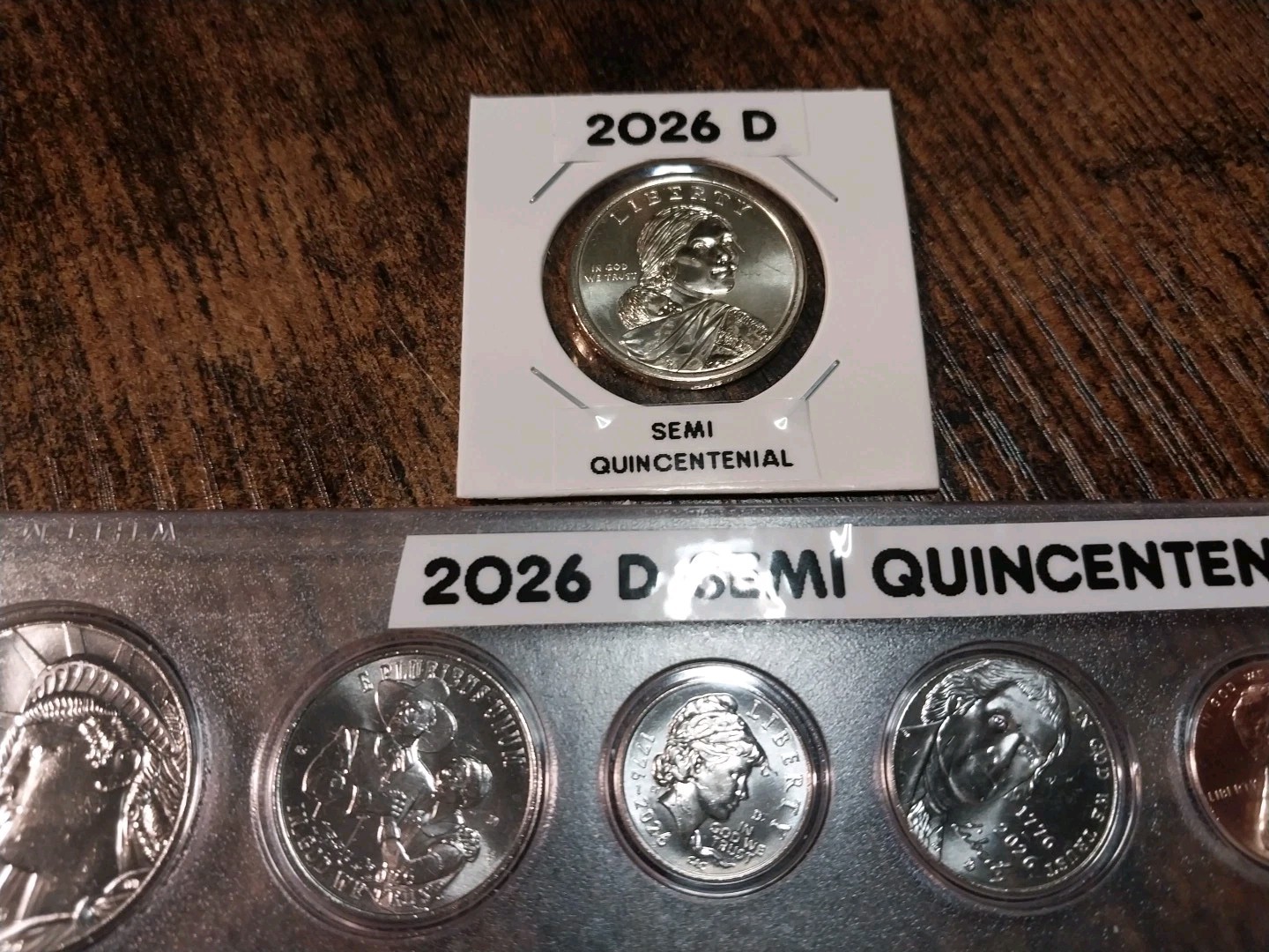 6 COIN SET W/DOLLAR 2026D WITH 2025 D CENT IN HOLDER W/LABELS SEMI QUINCENTENIAL
