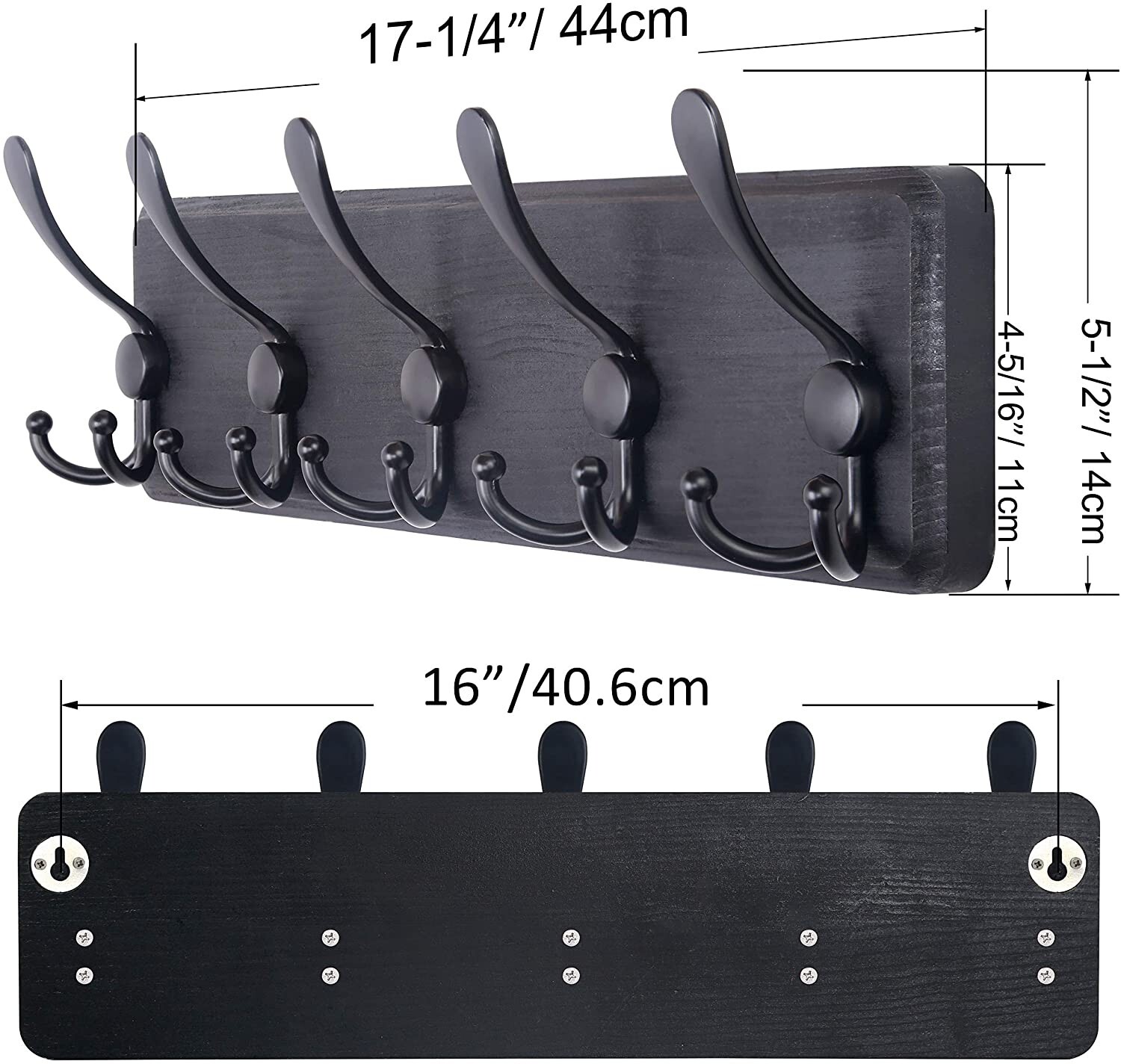 Rustic Coat Rack with 5 Hooks - Black Wall Mounted 24" Coat Rack - Solid Pine...