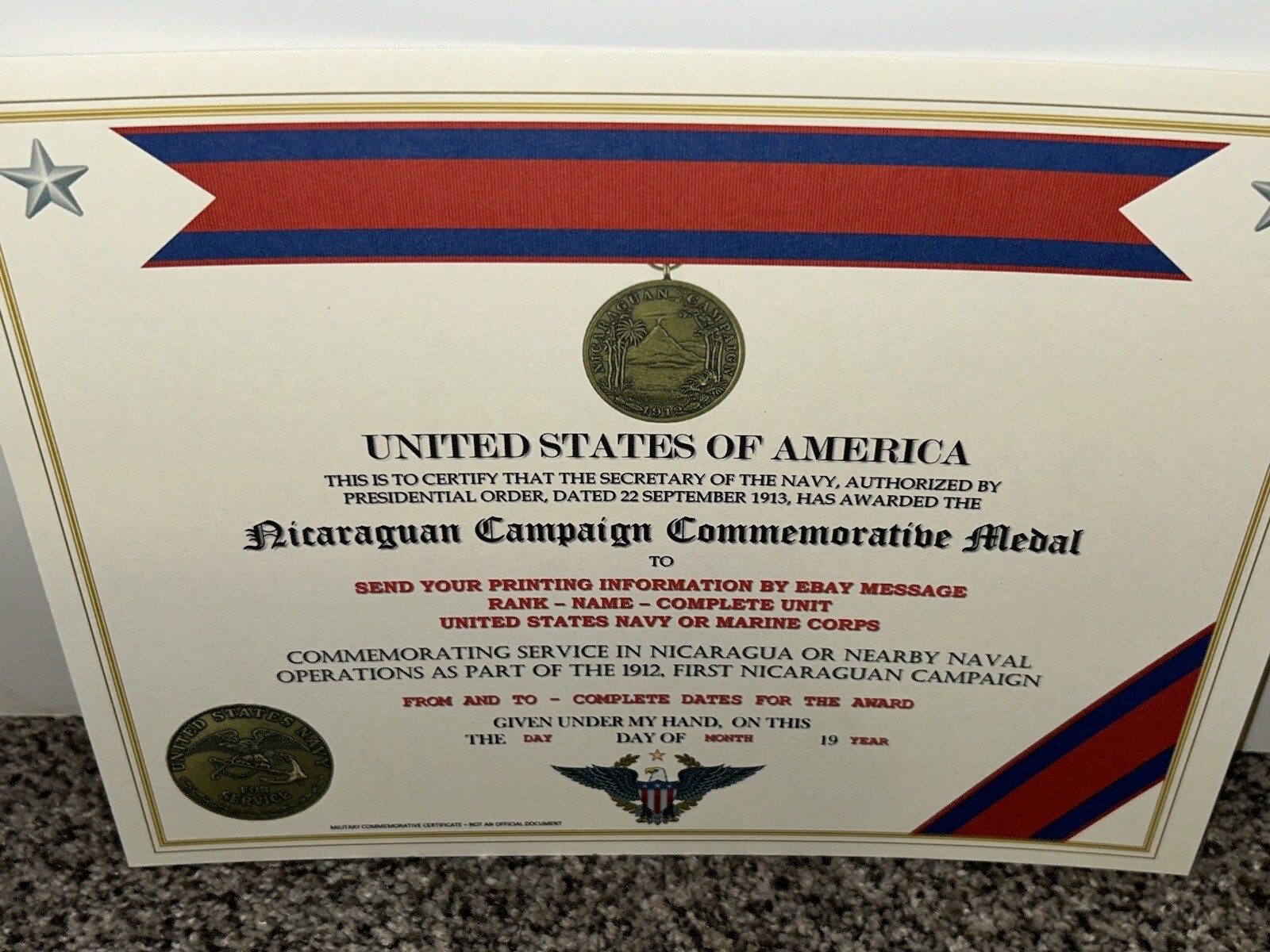 NICARAGUAN CAMPAIGN (NAVY) COMMEMORATIVE MEDAL CERTIFICATE ~ W/PRINTING TYPE-1