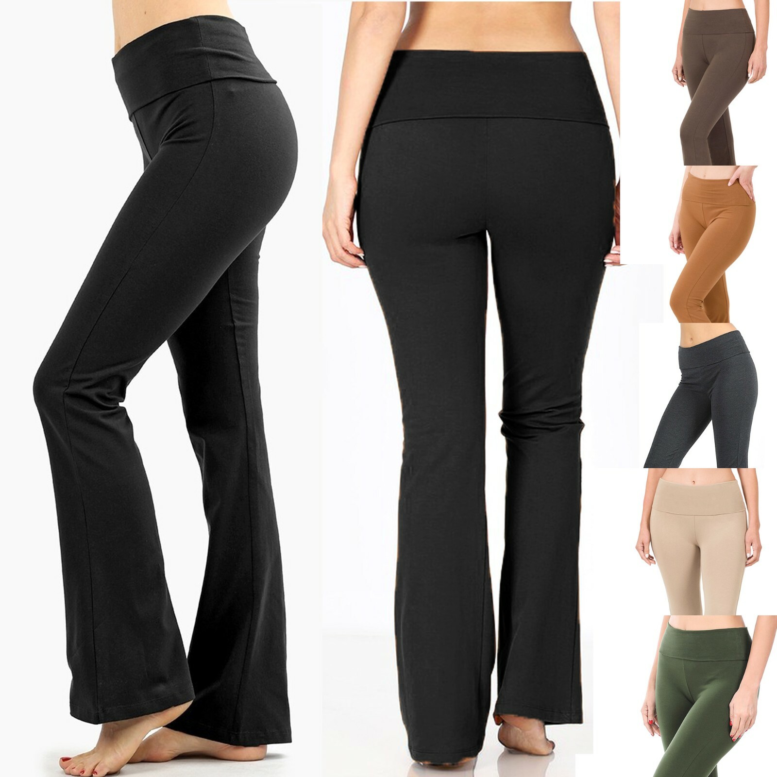 Womens Yoga Pants Flare Leg Long Fitness Foldover Waist Workout Gym Bootcut
