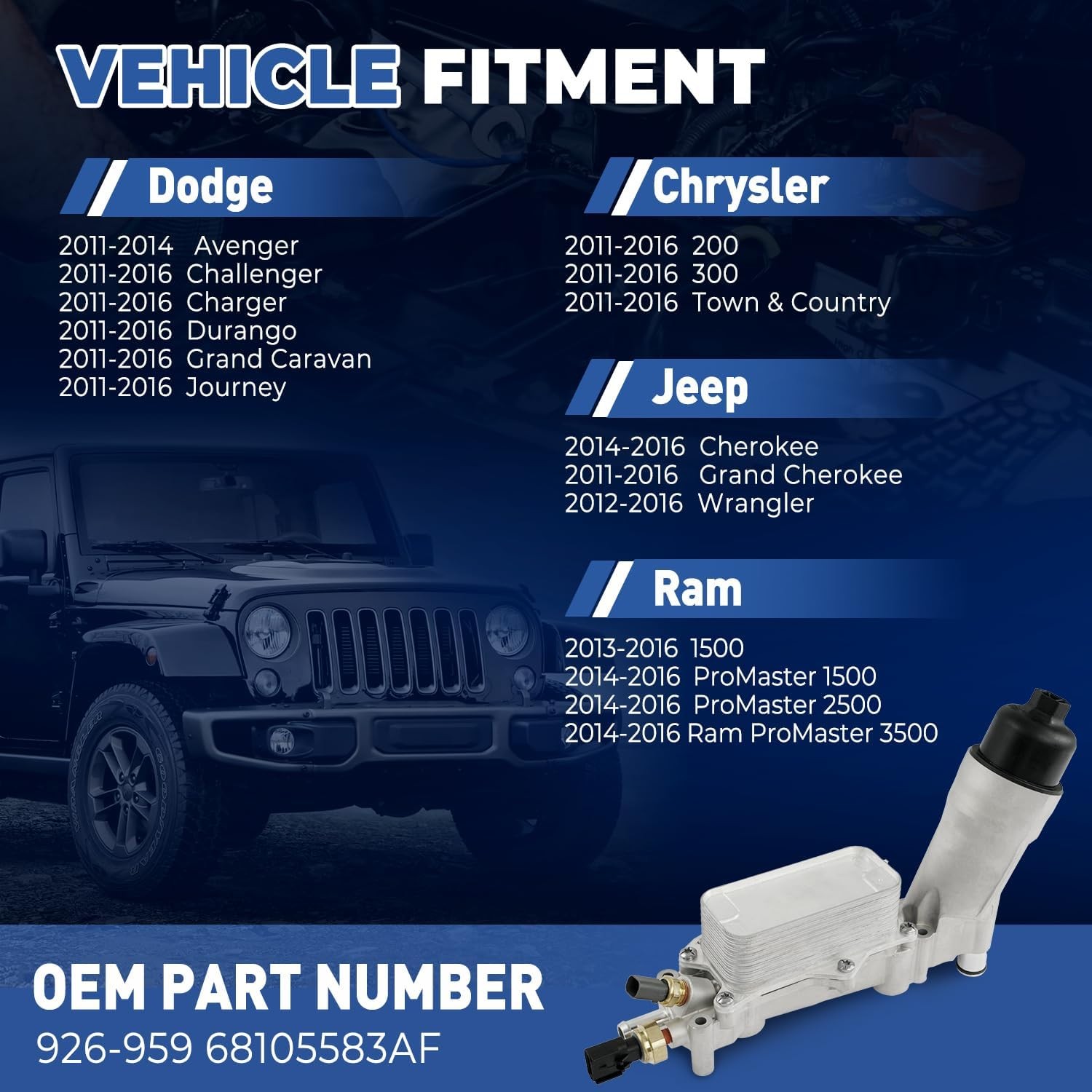 Aluminum Engine Oil Cooler Filter Housing for 11-16 Dodge Jeep Chrysler Ram 3.6L