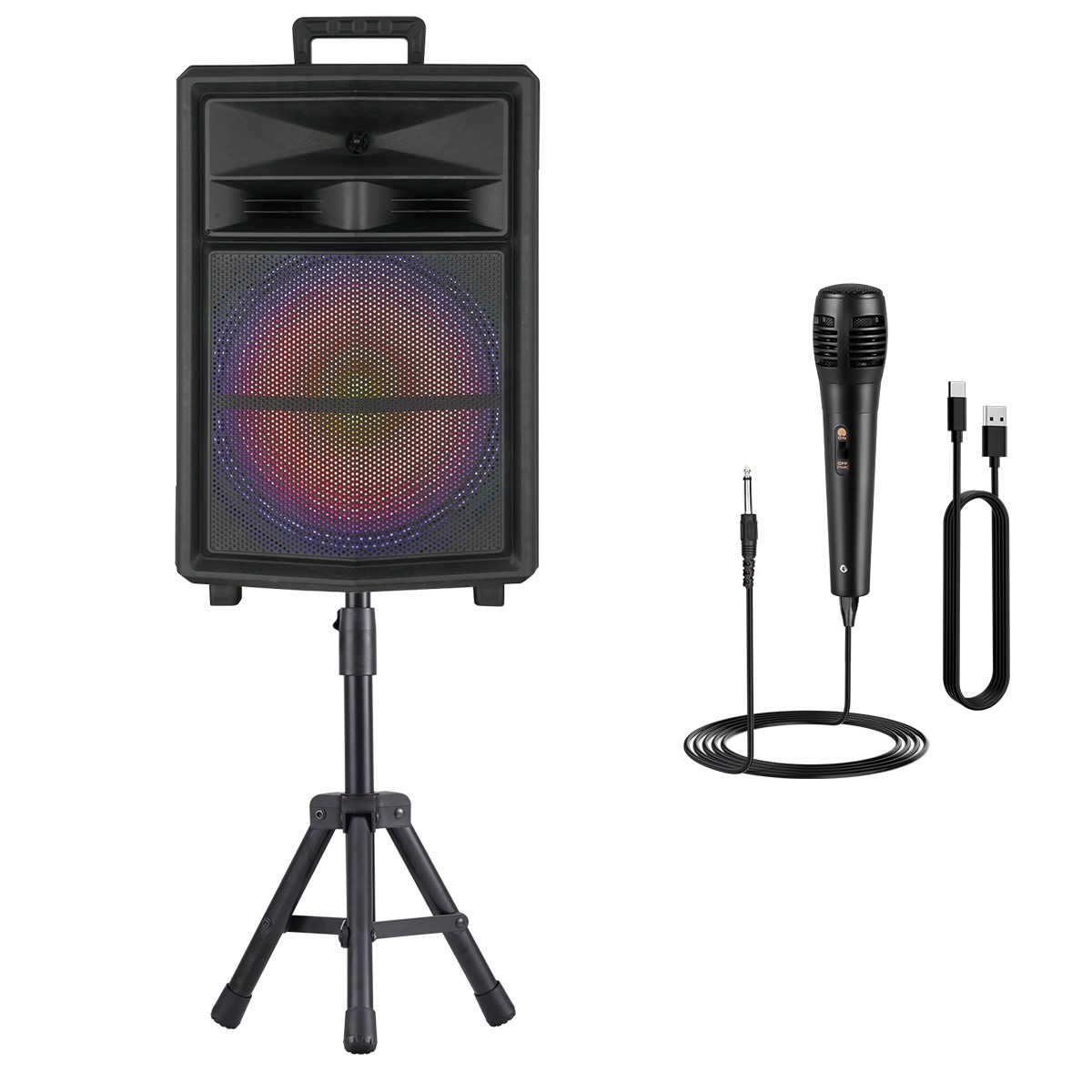 15" 10000W Bluetooth Party Speaker with Heavy Bass LED Lights Wireless Mic Stand