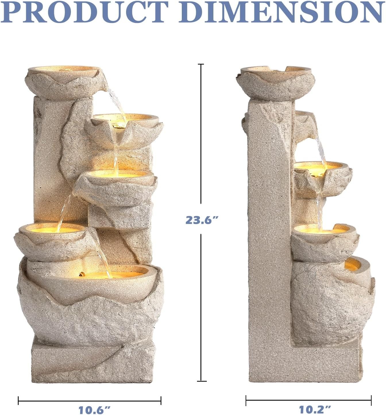 Outdoor 5-Tiers Cascading Rock Water Fountain, Waterfall Fountain with 5 LED
