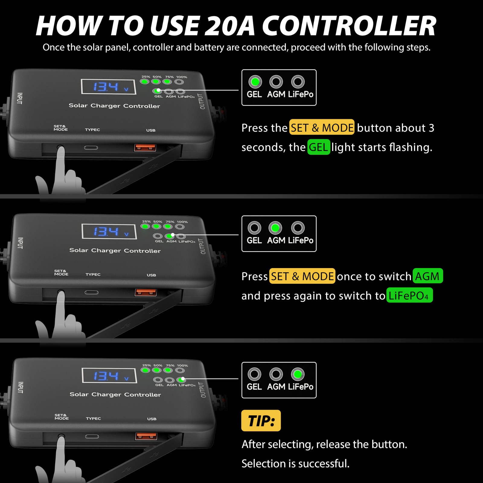 Solar Charge Controller 12V, 20A Solar Panel Charge Controller for Gel, AGM
