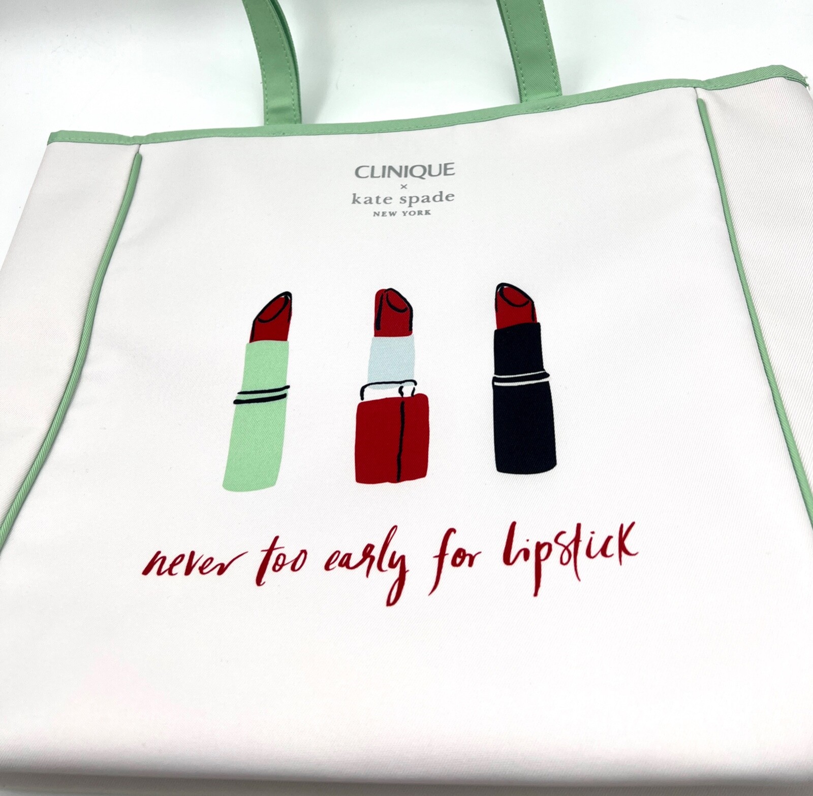 Clinique x Kate Spade Shopping Shoulder Tote Bag ~ Green Strip ~ Lipstick Print