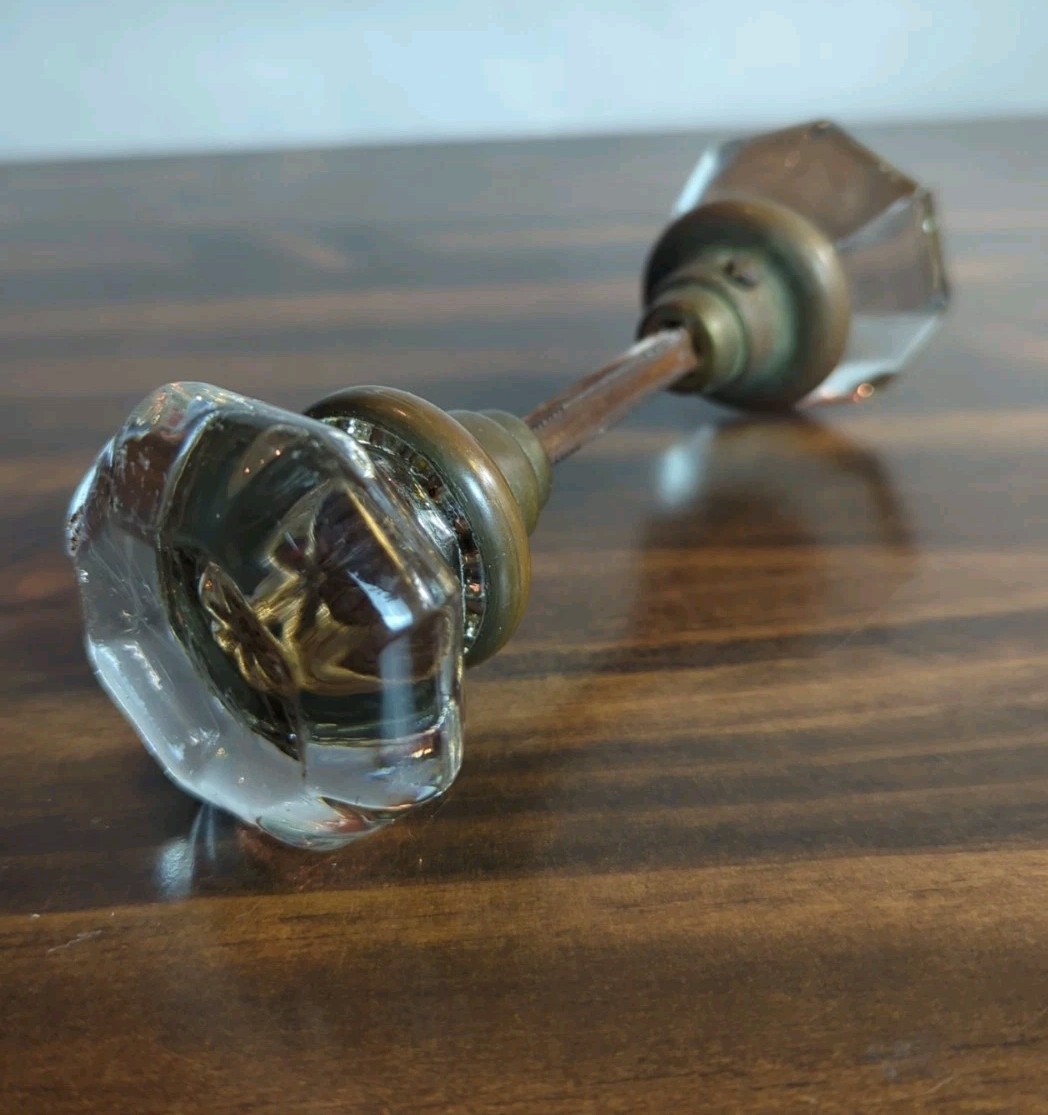 8 Point Crystal Glass Door Knob Set W/ Brass Hardware Spindle Art Deco Antique