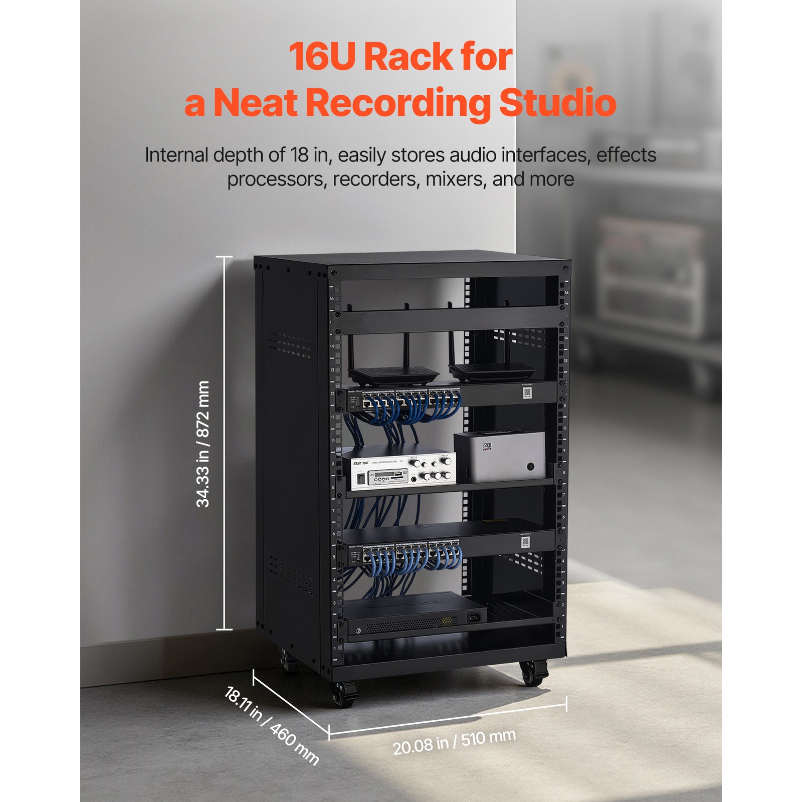 Uimoso 16U AV Rack Stand with 500 lbs Capacity for Network and Studio Equipment