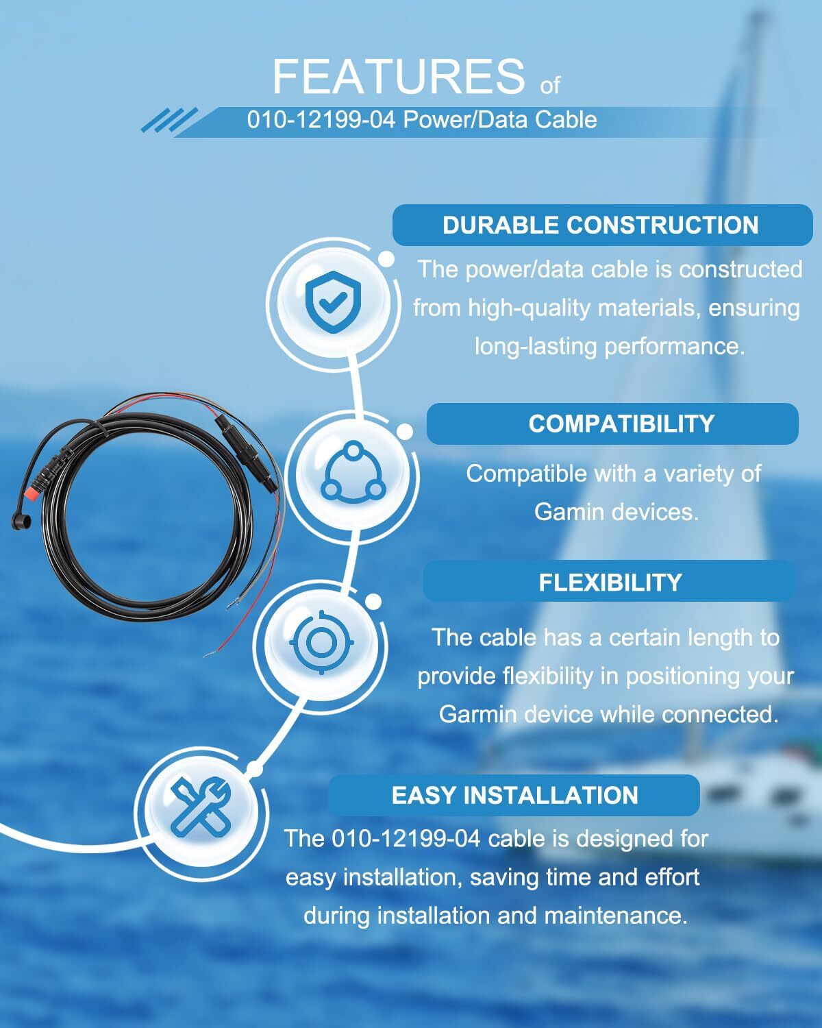 010-12199-04 Power/Data Cable 4-Pin Replaces for Garmin Striker Echo,Echomap