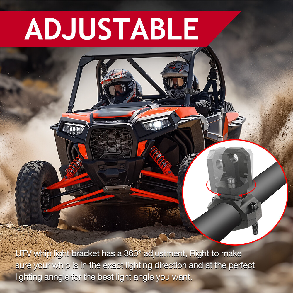 UTV Whip Light Mount Flag Bracket 360°Adjustable For 1.5"-2" Roll Bar Mounting