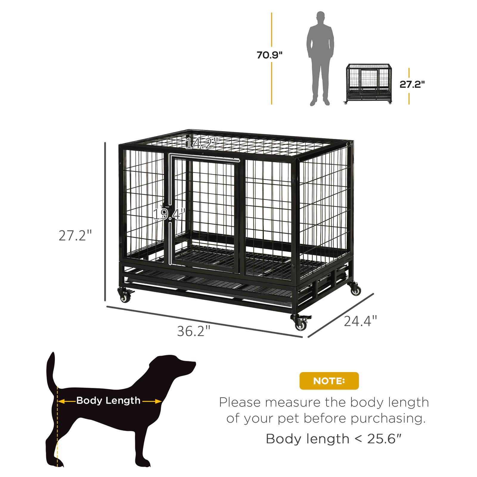 36" Heavy Duty Dog Crate with Tray Lockable Wheels Double Door Medium Large Dogs
