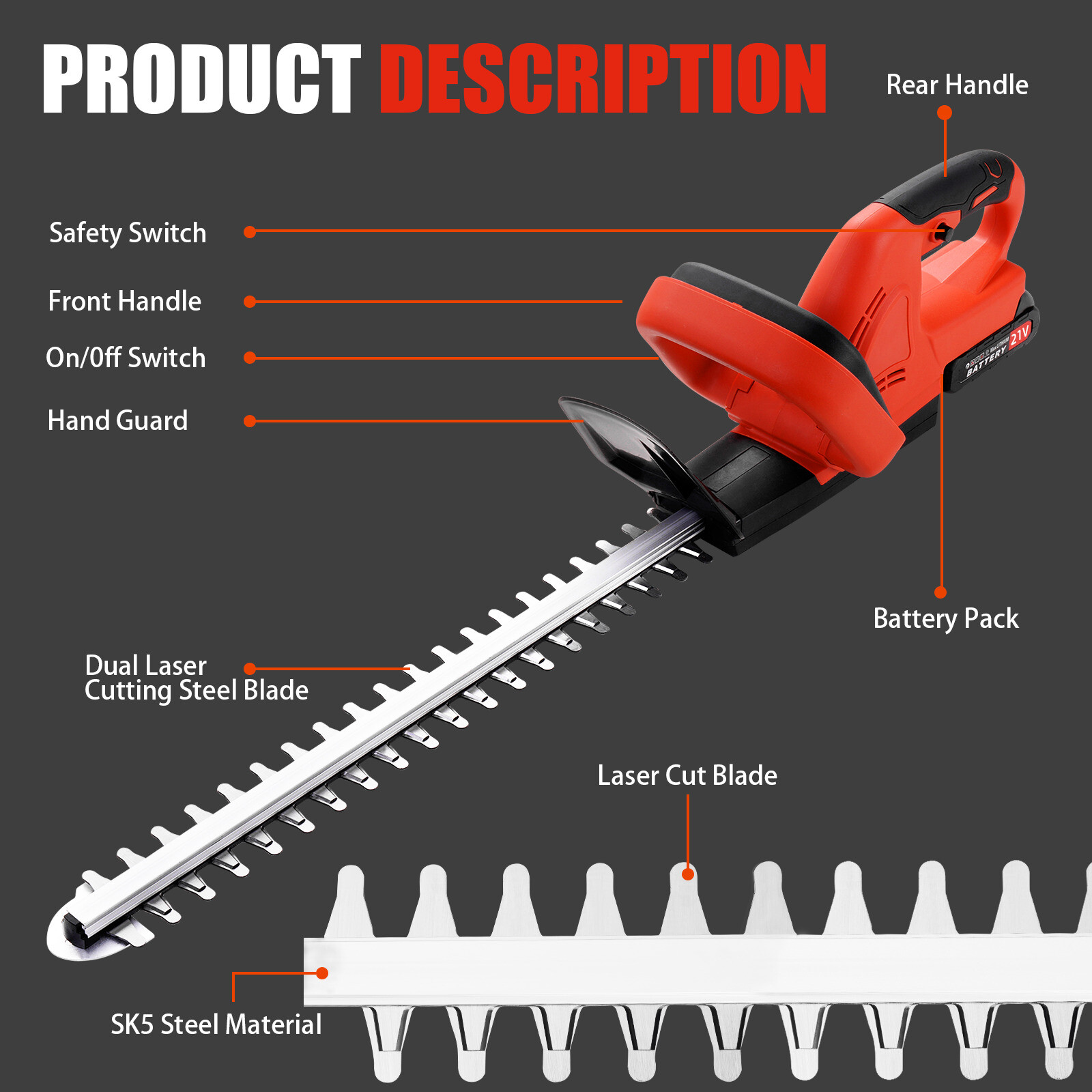 22Inch Cordless Hedge Trimmer Cordless Electric Hedge Trimmer w/2* 24V Battery