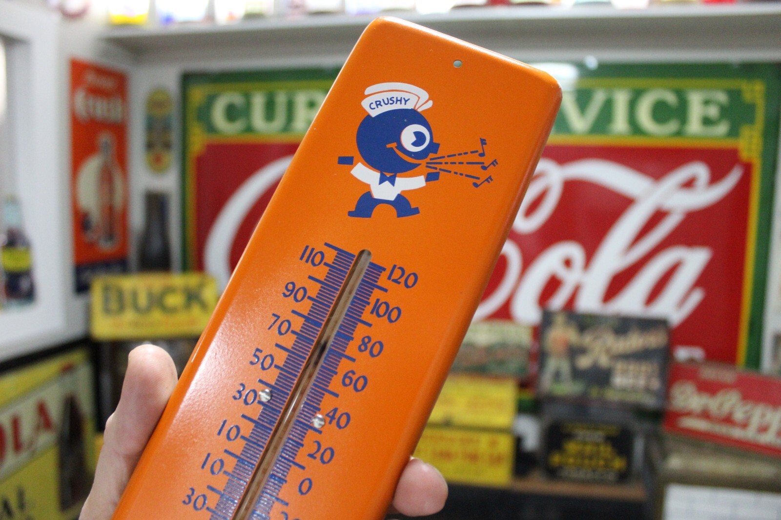 SCARCE 1950s ORANGE CRUSH SODA POP PAINTED METAL THERMOMETER SIGN PEPSI COKE RC