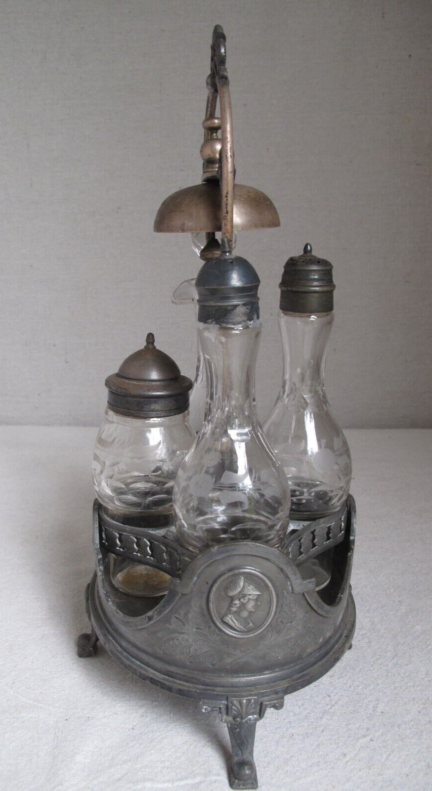 Antique SP Reed & Barton Cruet Castor Set Bell 4 Cut Glass Etched Bottles