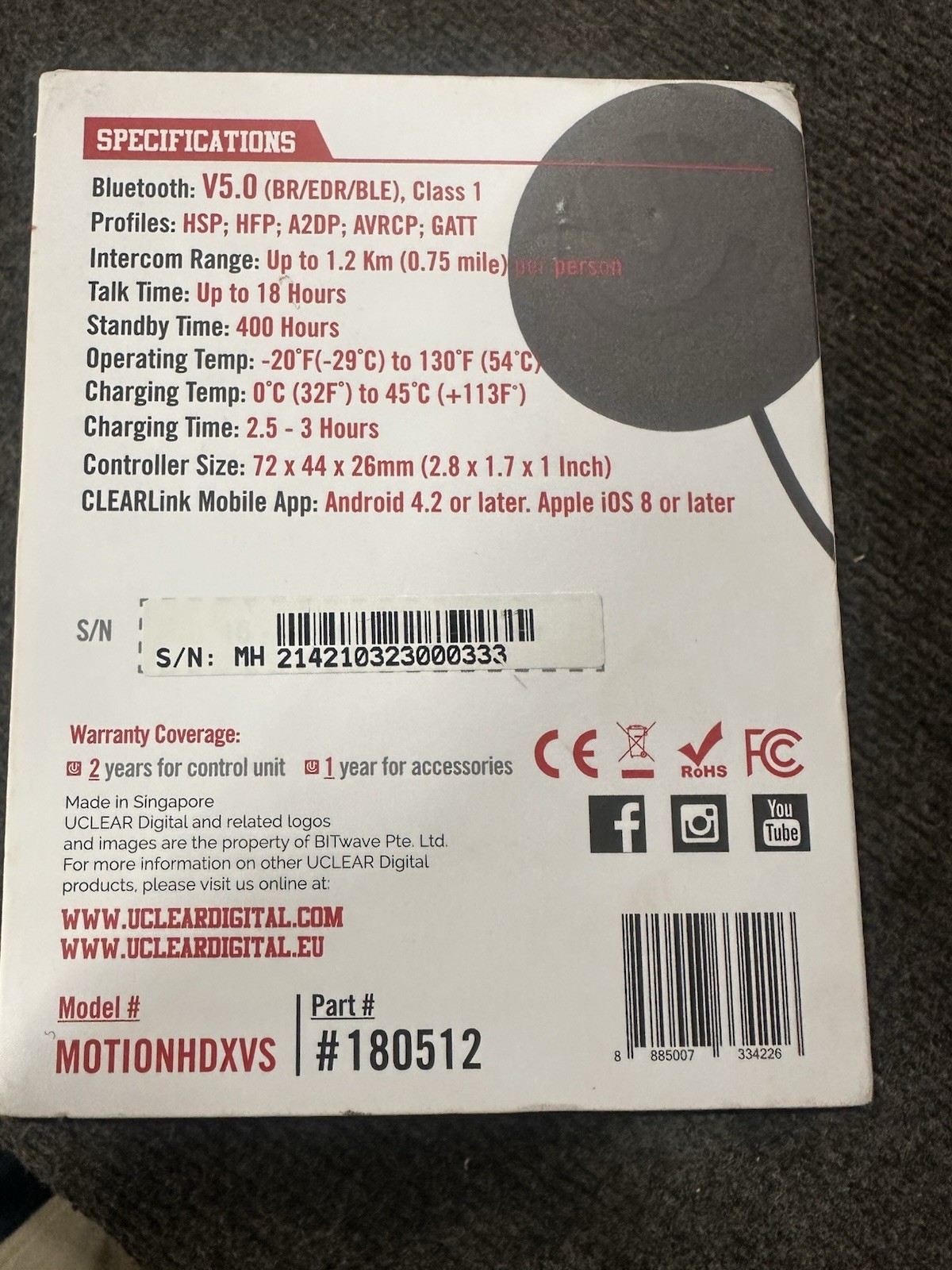 Uclear Digital NEW Motion HDX-V Bluetooth Helmet Audio System – Single Kit